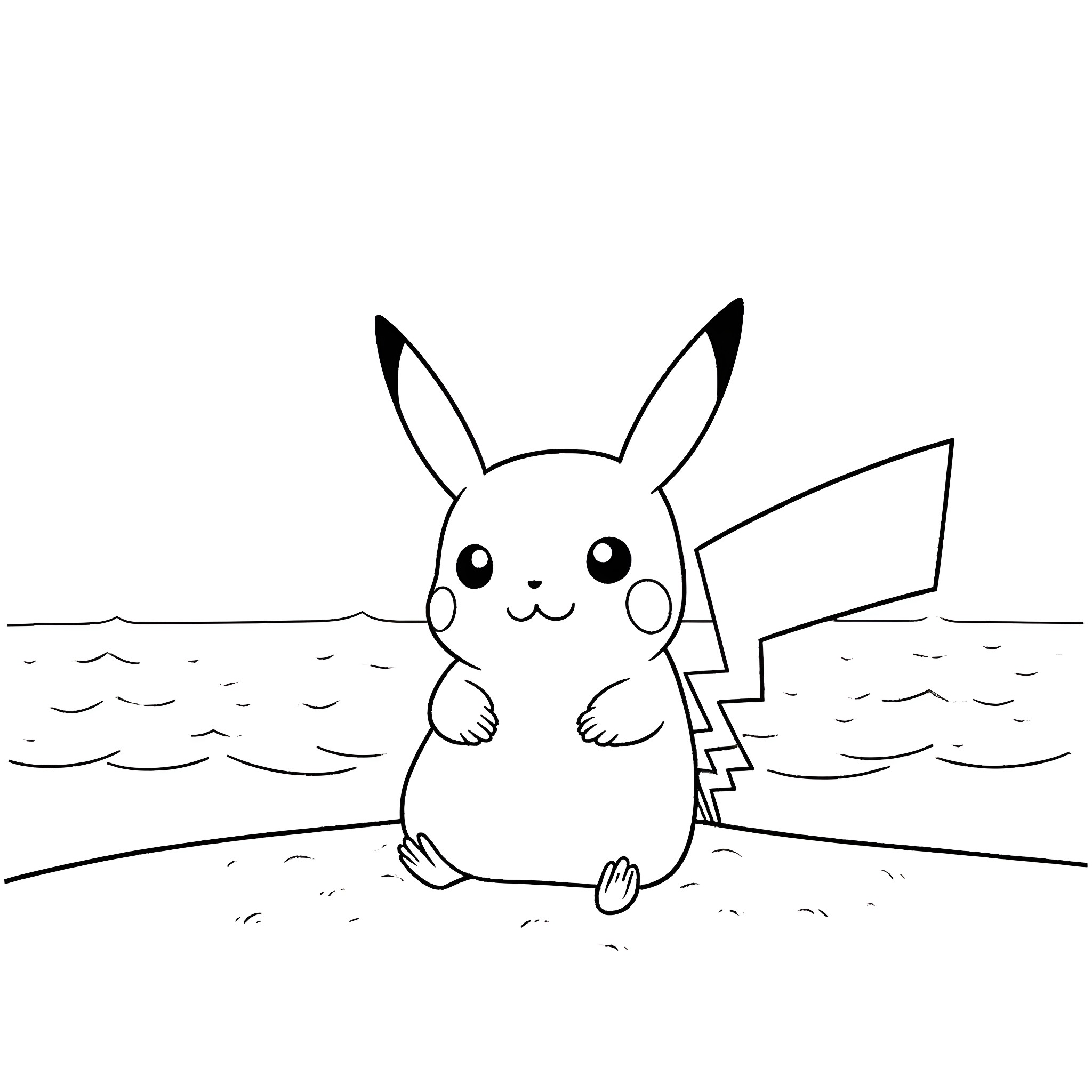 Pikachu sitting on the beach Coloring Page (free black-and-white line drawing printable PDF for all, from beginners to advanced learners, including children, teens, adults, and seniors)