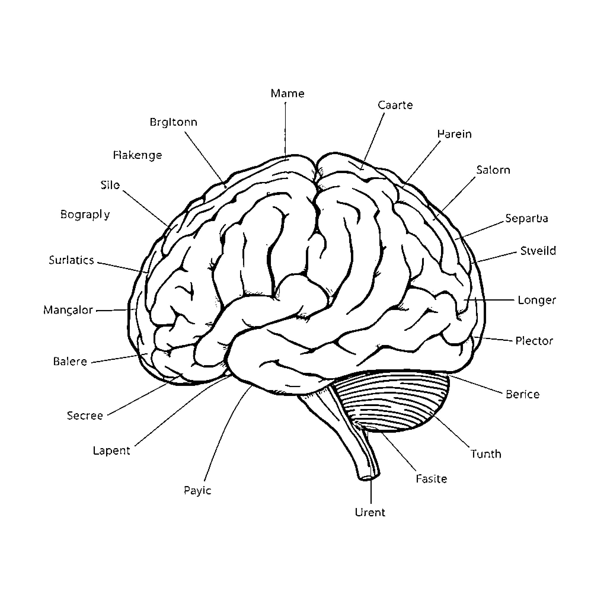 Brain anatomy labeled in simple sketch Coloring Page (free black-and-white line drawing printable PDF for all, from beginners to advanced learners, including children, teens, adults, and seniors)