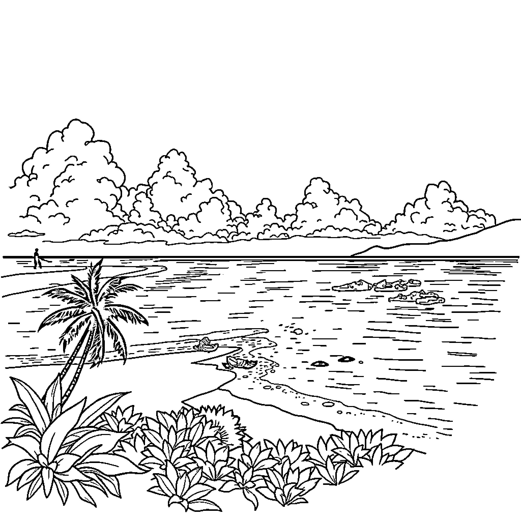 Jamaica: Serene Tropical Beach Scene Coloring Page (free black-and-white line drawing printable PDF for all, from beginners to advanced learners, including children, teens, adults, and seniors)
