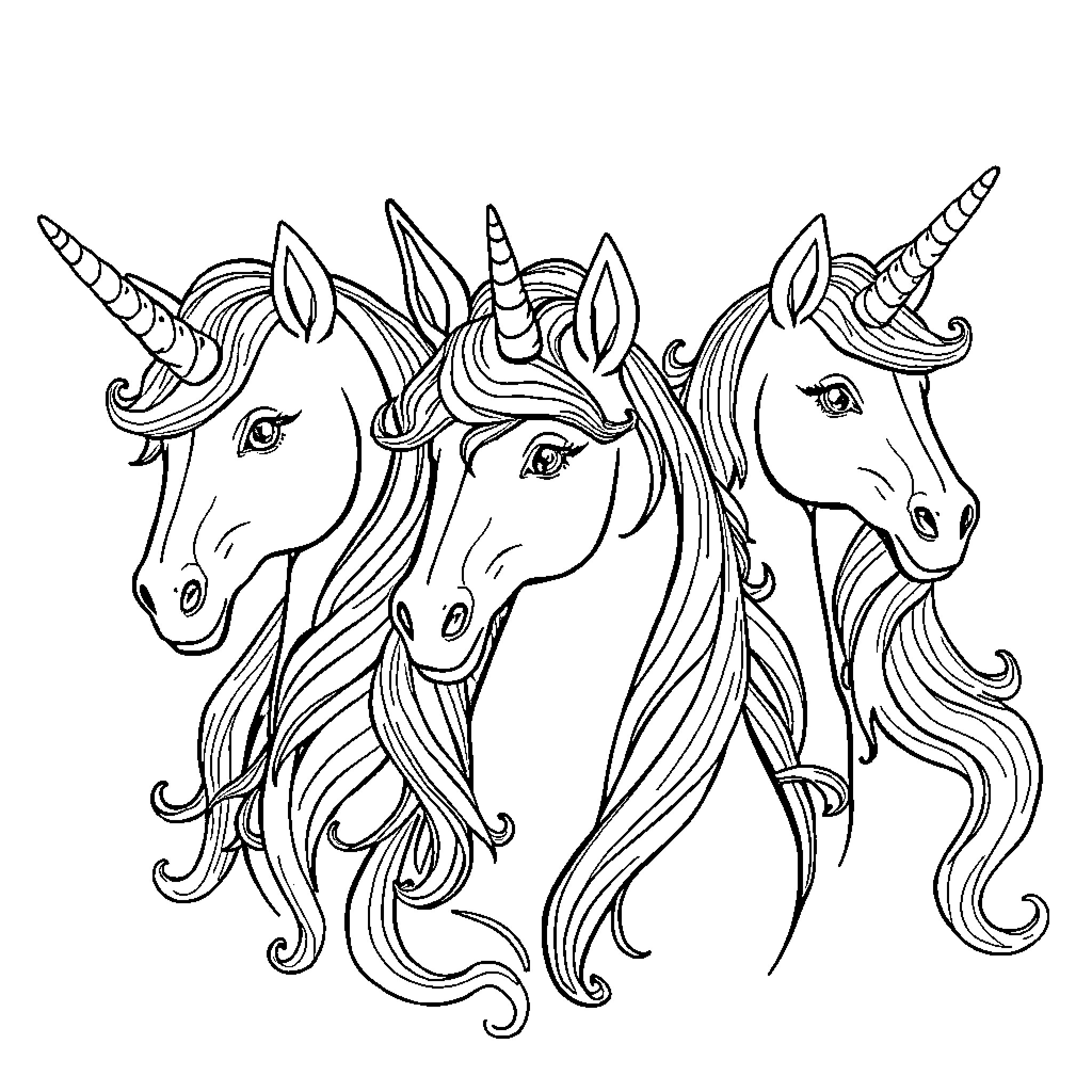 Unicorn family sharing a magical moment Coloring Page (free black-and-white line drawing printable PDF for all, from beginners to advanced learners, including children, teens, adults, and seniors)