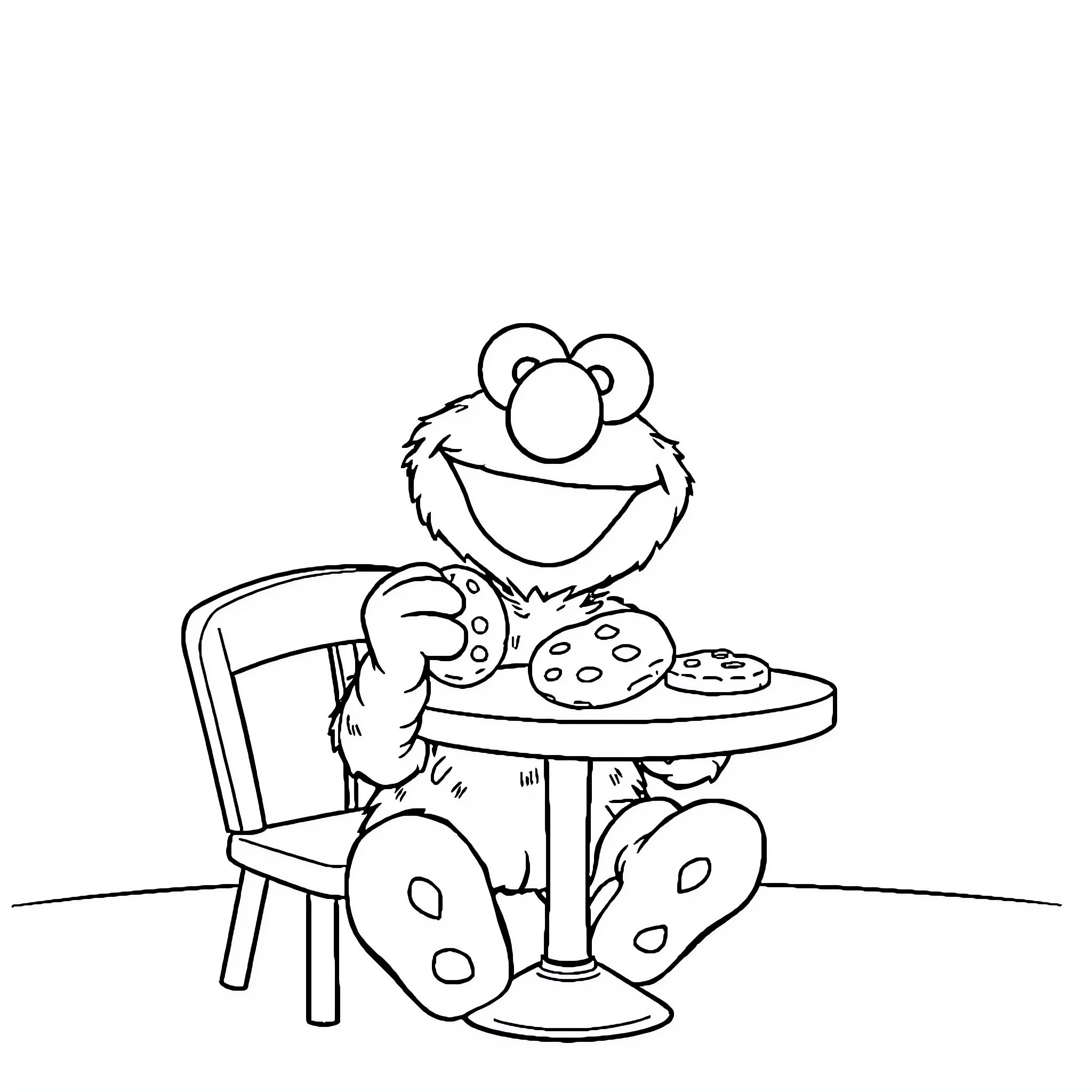Elmo enjoying a snack at the table Coloring Page (free black-and-white line drawing printable PDF for all, from beginners to advanced learners, including children, teens, adults, and seniors)