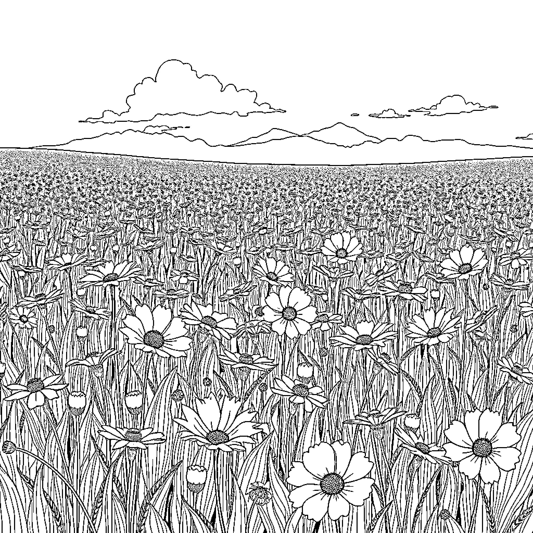 Cornflower field in the countryside Coloring Page (free black-and-white line drawing printable PDF for all, from beginners to advanced learners, including children, teens, adults, and seniors)