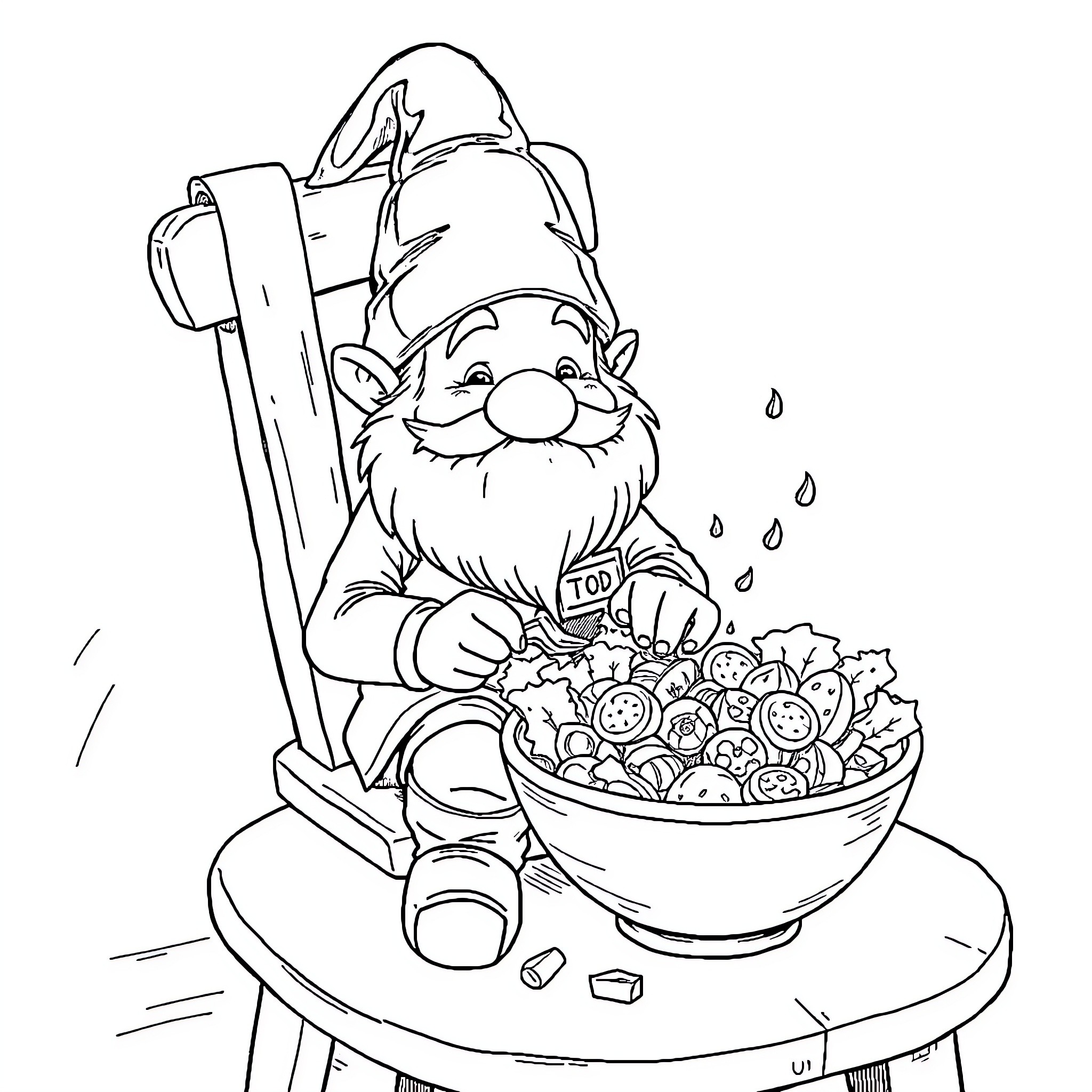Gnome Gardener Harvesting Colorful Gems Coloring Page (free black-and-white line drawing printable PDF for all, from beginners to advanced learners, including children, teens, adults, and seniors)