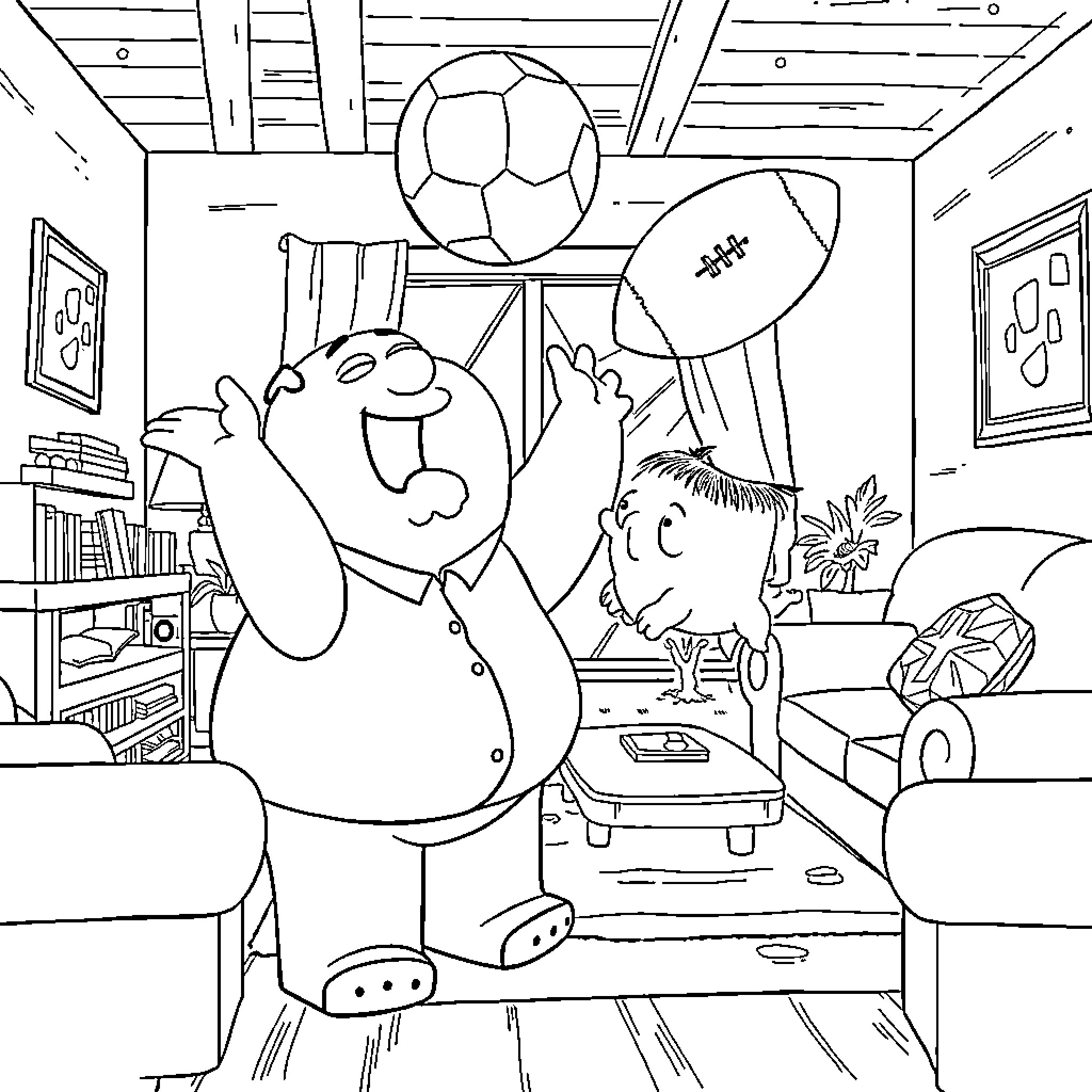 Peter Griffin's Playful Sports Celebration Coloring Page (free black-and-white line drawing printable PDF for all, from beginners to advanced learners, including children, teens, adults, and seniors)