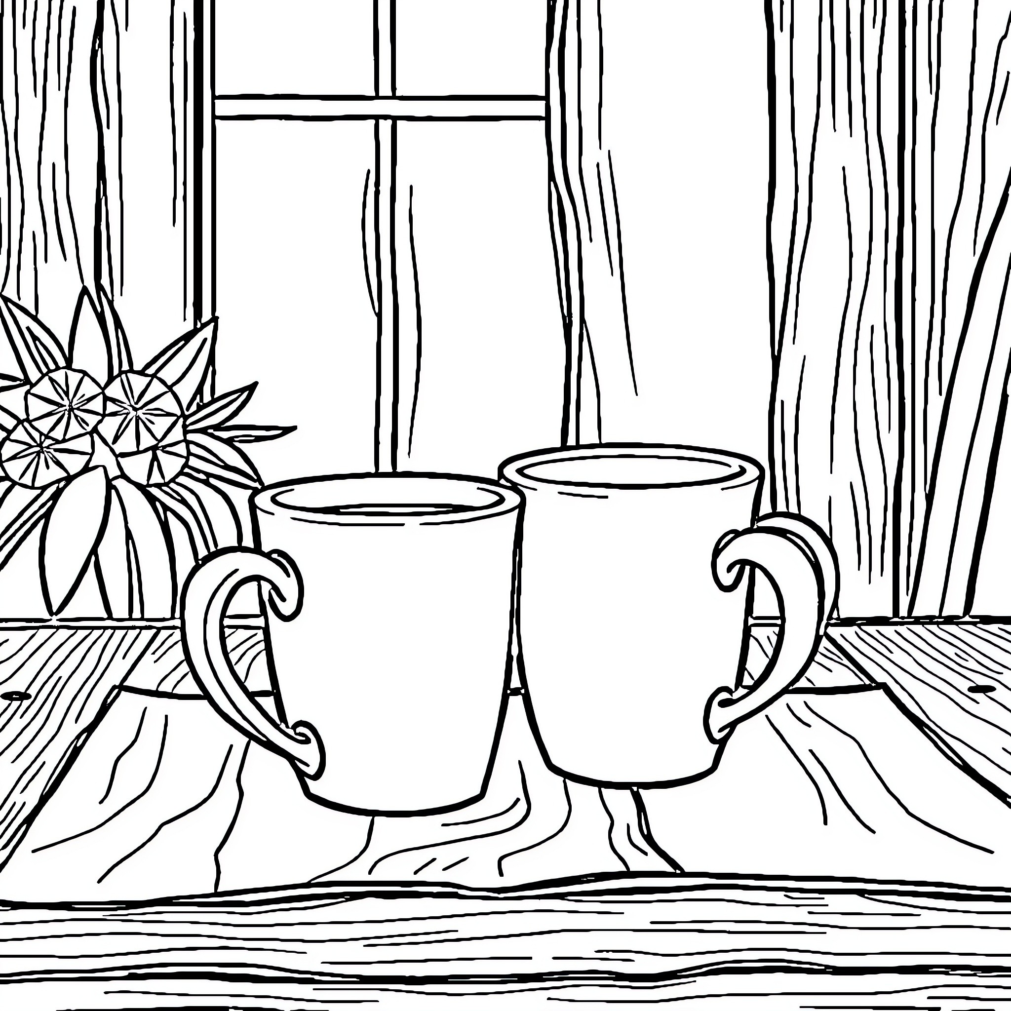 Tea Mugs on Rustic Wooden Table Coloring Page (free black-and-white line drawing printable PDF for all, from beginners to advanced learners, including children, teens, adults, and seniors)