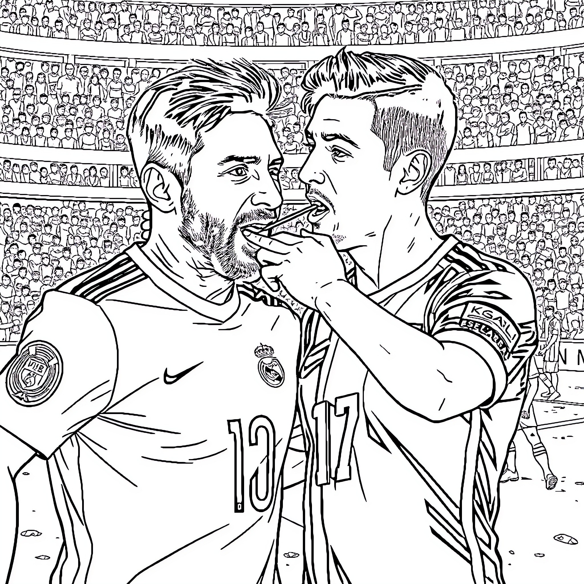 Messi and Ronaldo celebrating victory on the pitch Coloring Page (free black-and-white line drawing printable PDF for all, from beginners to advanced learners, including children, teens, adults, and seniors)
