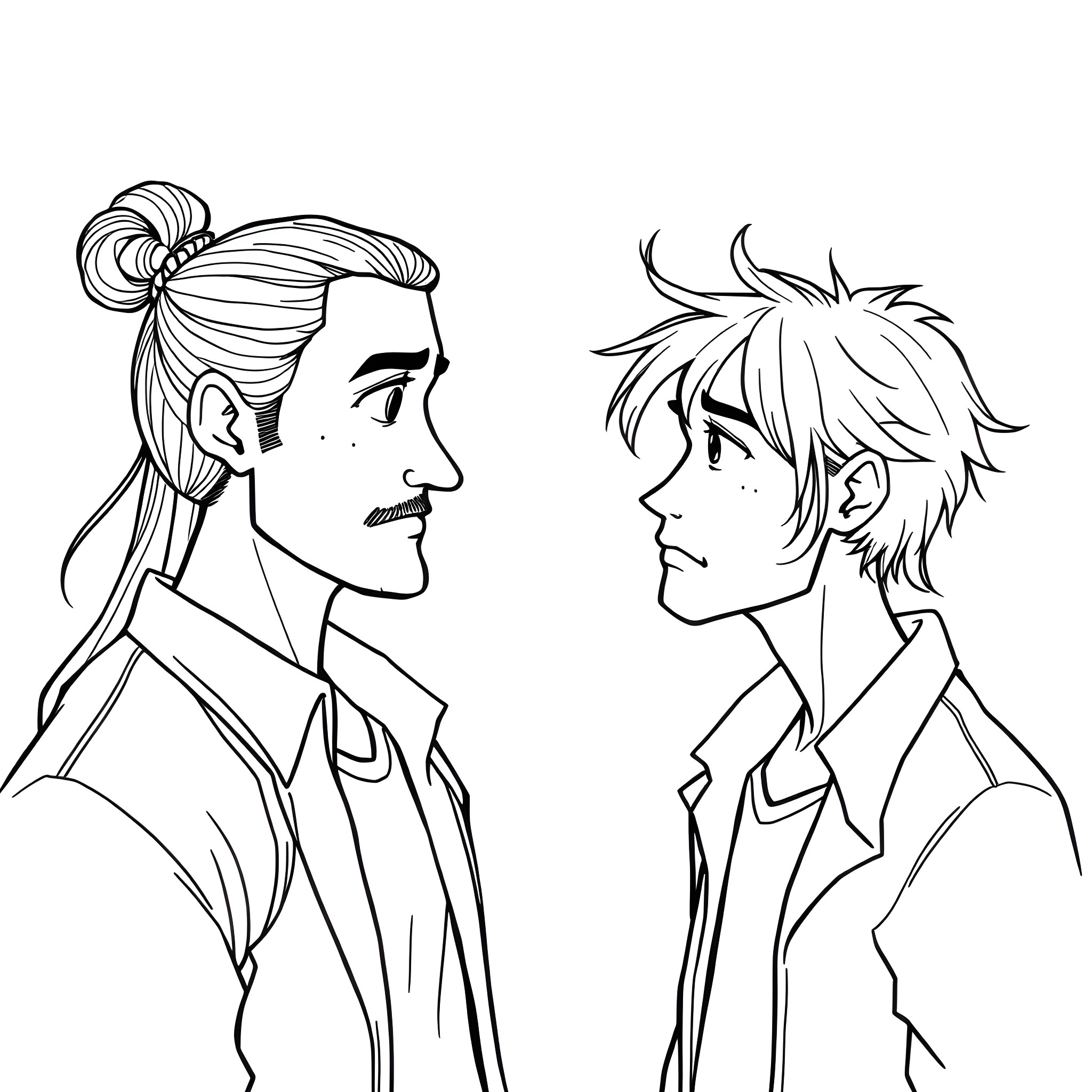 Man and woman facing each other in profiles Coloring Page (free black-and-white line drawing printable PDF for all, from beginners to advanced learners, including children, teens, adults, and seniors)