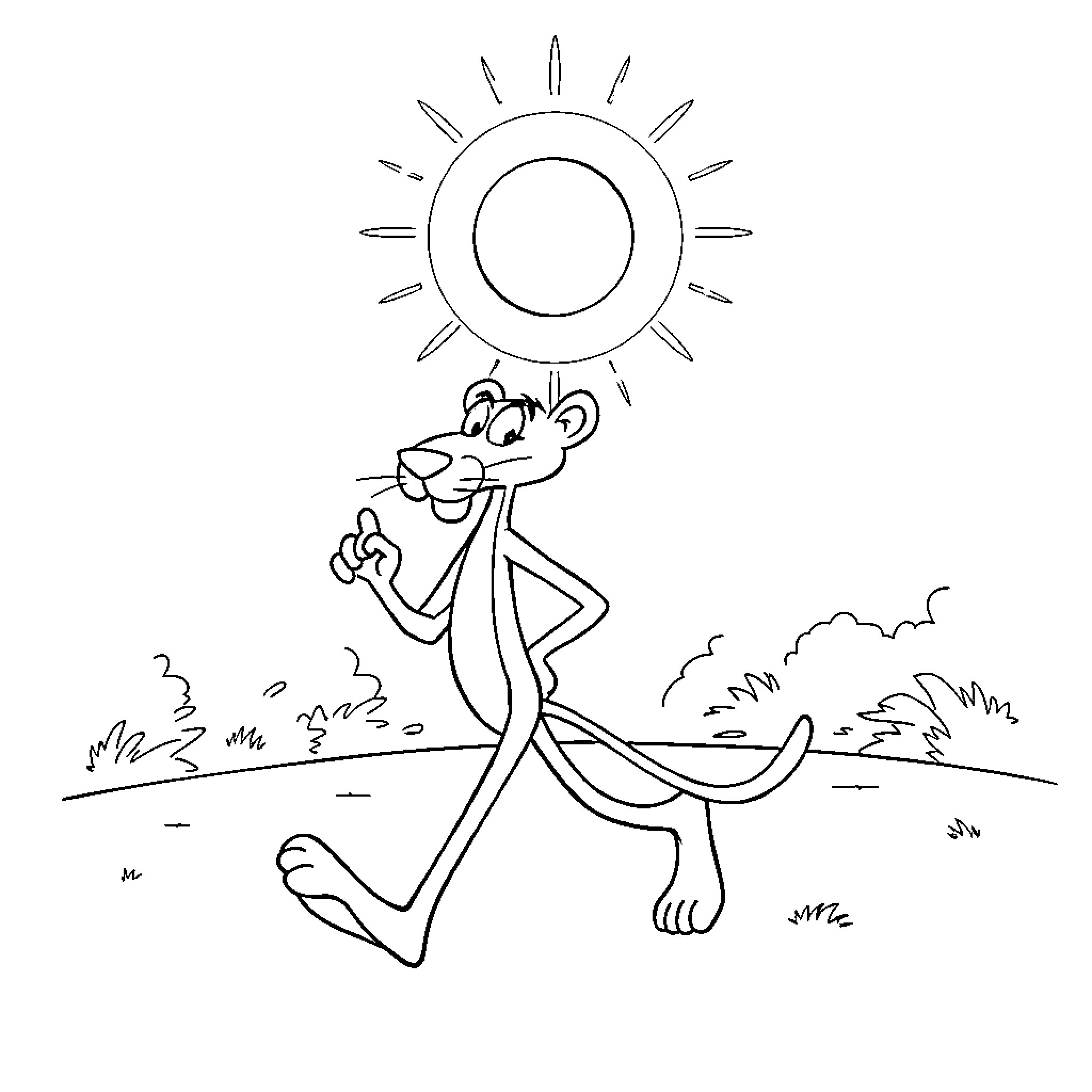 Pink Panther enjoying a sunny day Coloring Page (free black-and-white line drawing printable PDF for all, from beginners to advanced learners, including children, teens, adults, and seniors)