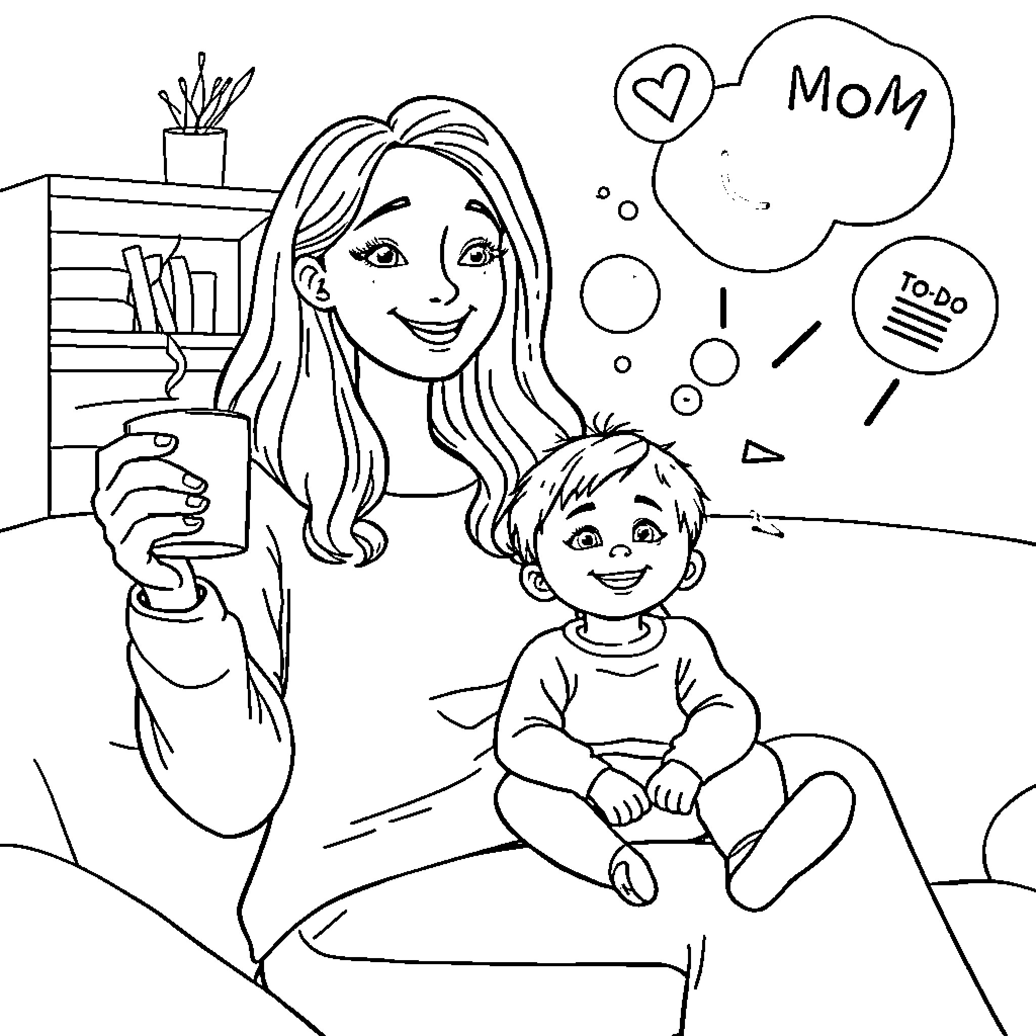 Mom and child sharing a moment of bonding Coloring Page (free black-and-white line drawing printable PDF for all, from beginners to advanced learners, including children, teens, adults, and seniors)