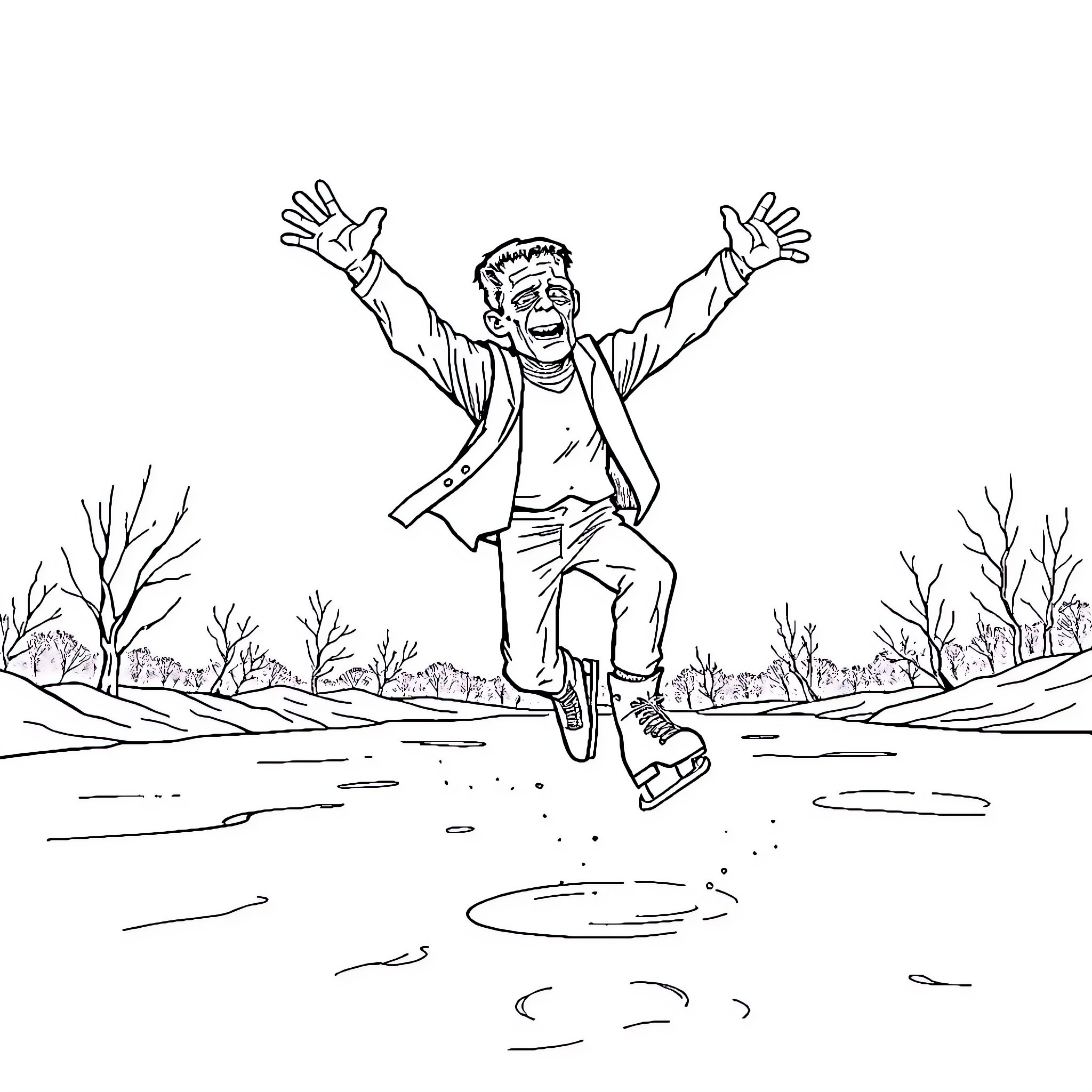Frankenstein's joyful leap through the countryside Coloring Page (free black-and-white line drawing printable PDF for all, from beginners to advanced learners, including children, teens, adults, and seniors)
