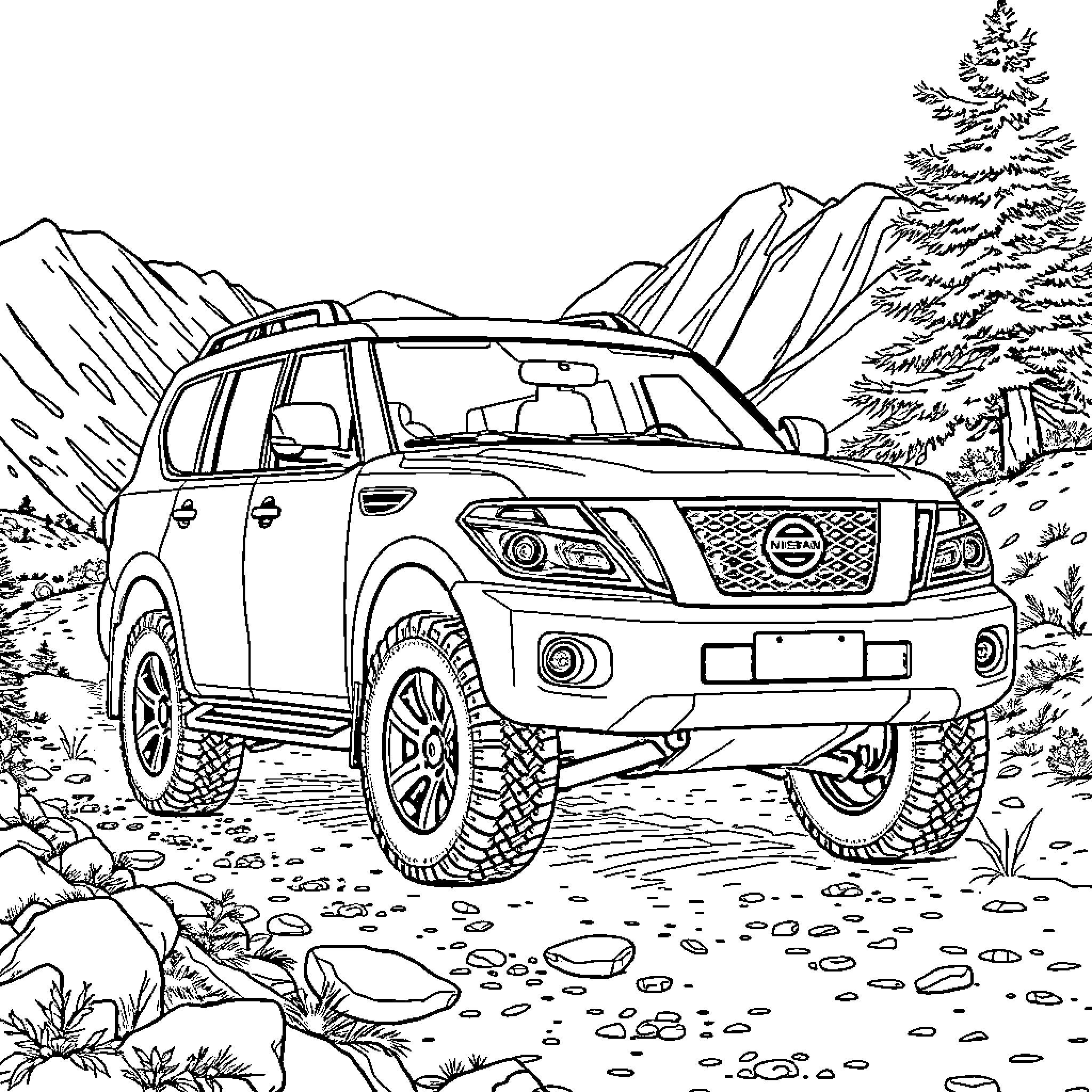 Nissan Patrol traversing rugged terrain in the mountains Coloring Page (free black-and-white line drawing printable PDF for all, from beginners to advanced learners, including children, teens, adults, and seniors)