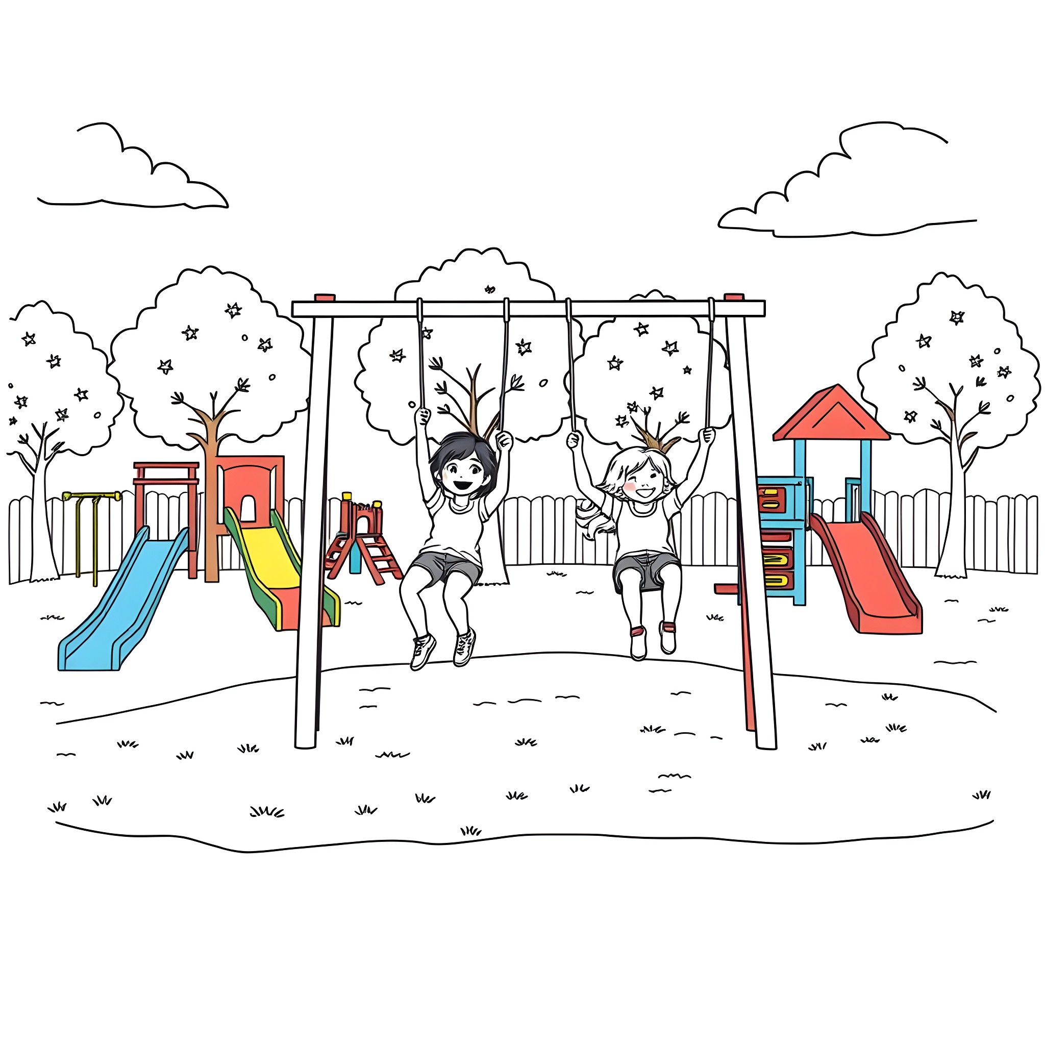 Teen girls enjoying the playground swing Coloring Page (free black-and-white line drawing printable PDF for all, from beginners to advanced learners, including children, teens, adults, and seniors)