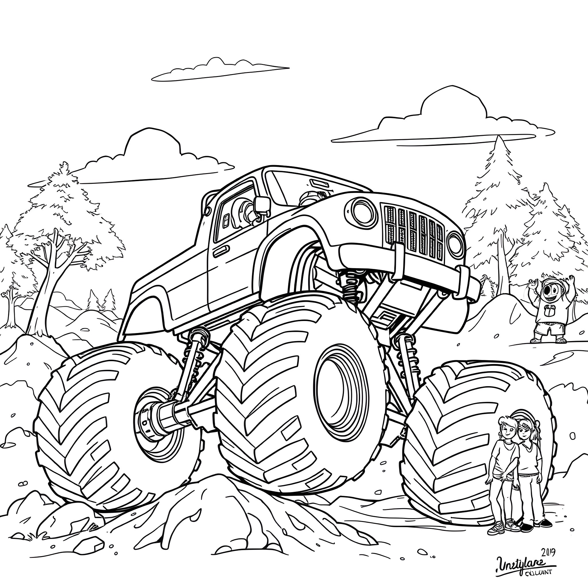 Bluey exploring the wilderness in a monster truck Coloring Page (free black-and-white line drawing printable PDF for all, from beginners to advanced learners, including children, teens, adults, and seniors)