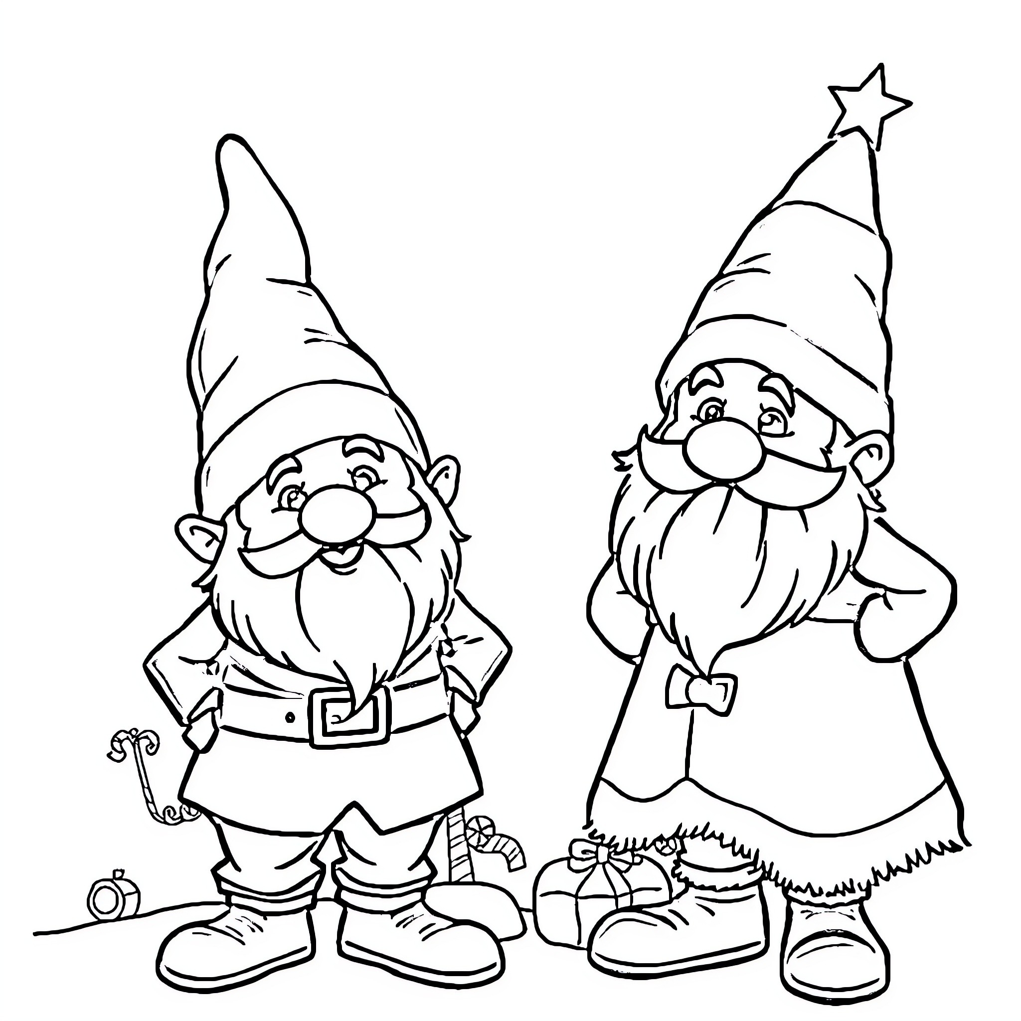 Dwarf duo in festive garb and accessories Coloring Page (free black-and-white line drawing printable PDF for all, from beginners to advanced learners, including children, teens, adults, and seniors)