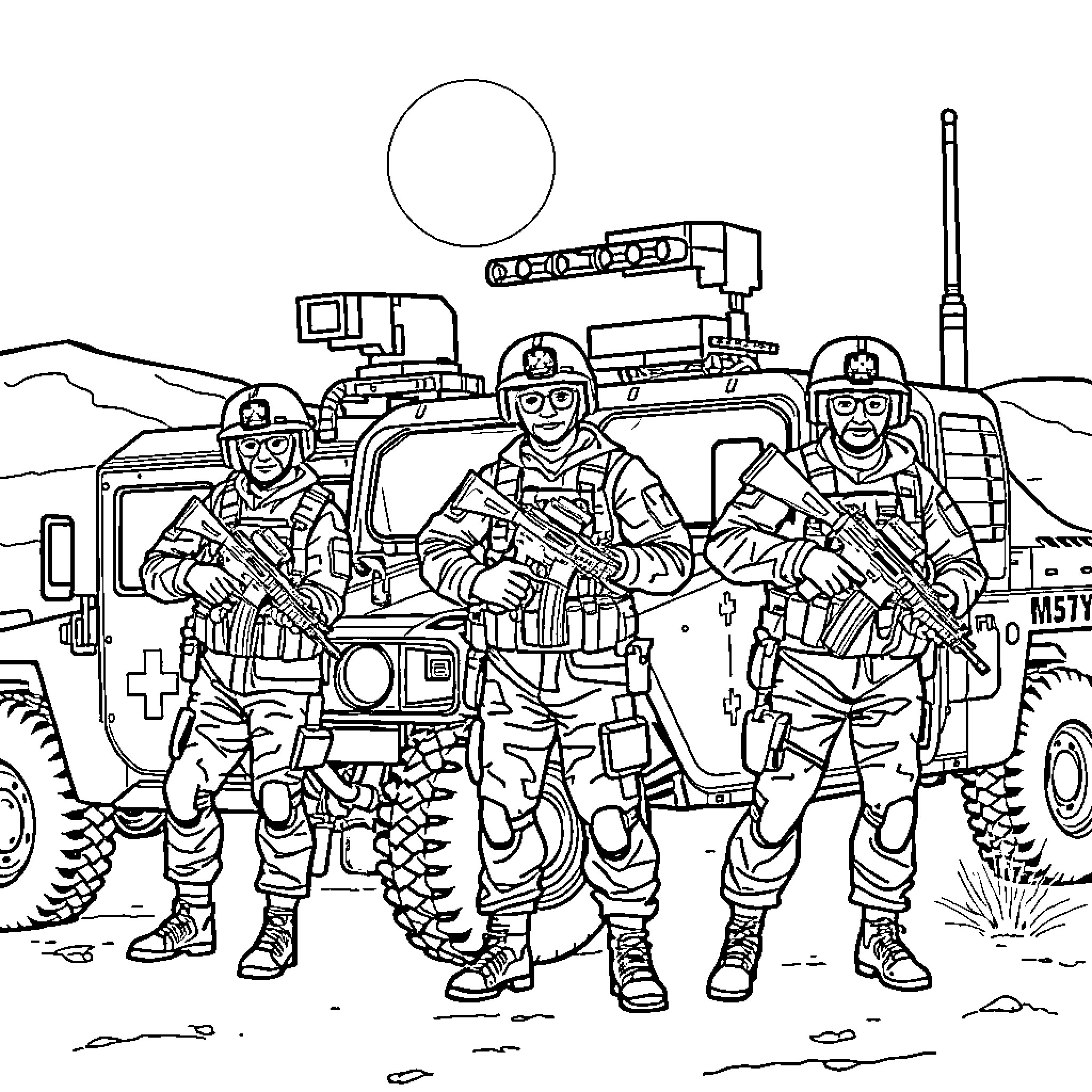 Soldier squad in action during military operation Coloring Page (free black-and-white line drawing printable PDF for all, from beginners to advanced learners, including children, teens, adults, and seniors)