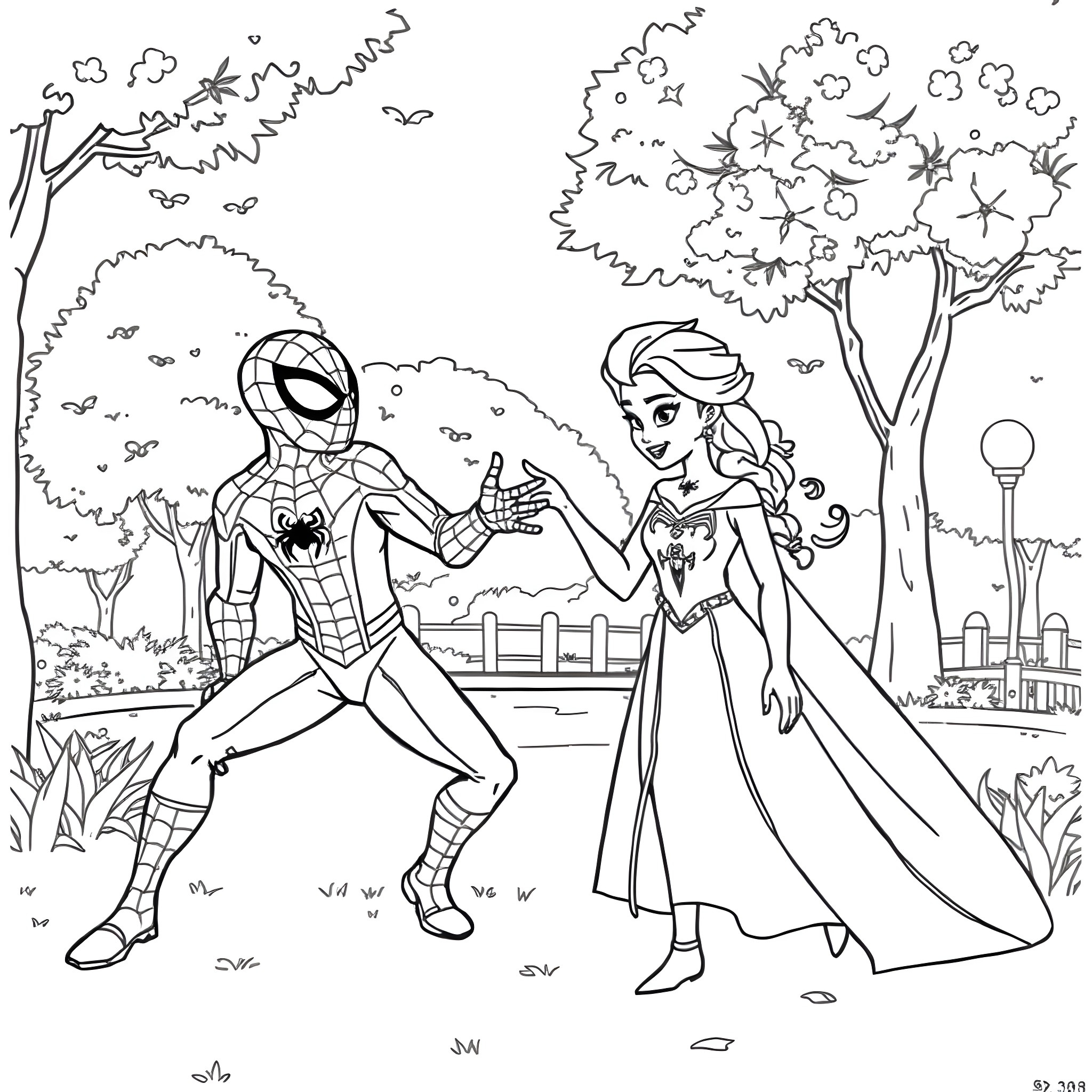 Elsa and Spider-Man adventure in the enchanted forest Coloring Page (free black-and-white line drawing printable PDF for all, from beginners to advanced learners, including children, teens, adults, and seniors)