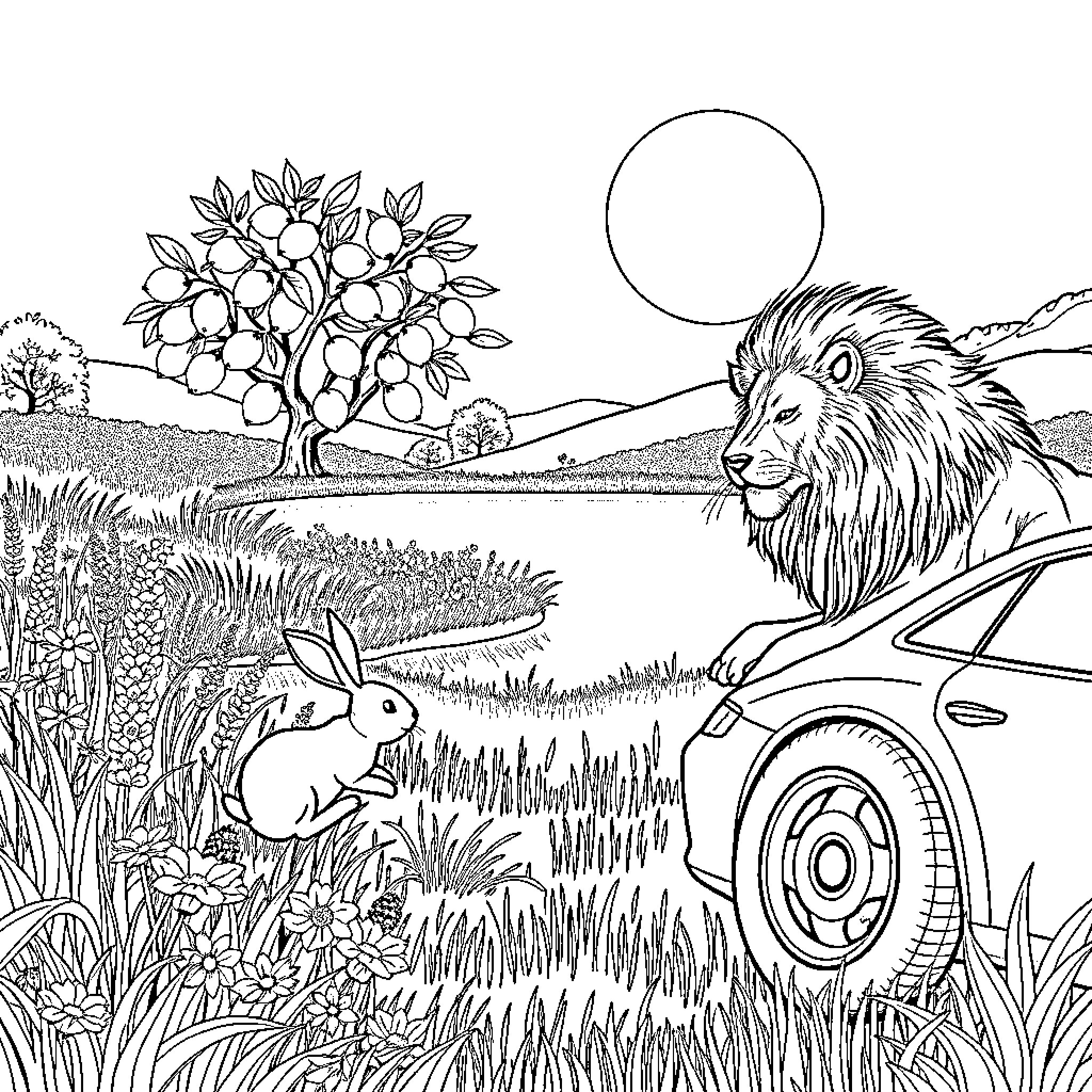 Animal enjoying nature with wildlife in the countryside Coloring Page (free black-and-white line drawing printable PDF for all, from beginners to advanced learners, including children, teens, adults, and seniors)