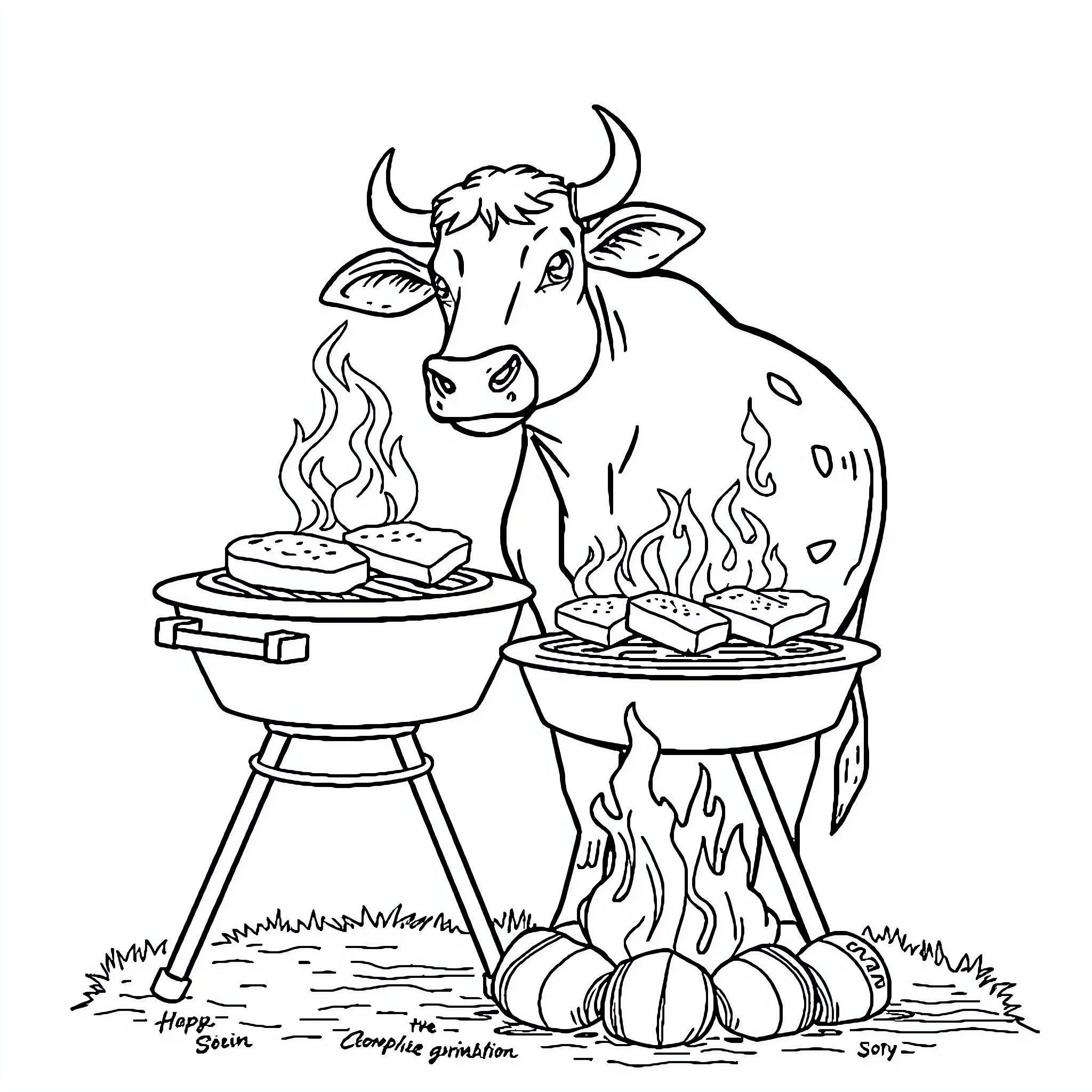 Cow enjoying a BBQ cookout with friends Coloring Page (free black-and-white line drawing printable PDF for all, from beginners to advanced learners, including children, teens, adults, and seniors)