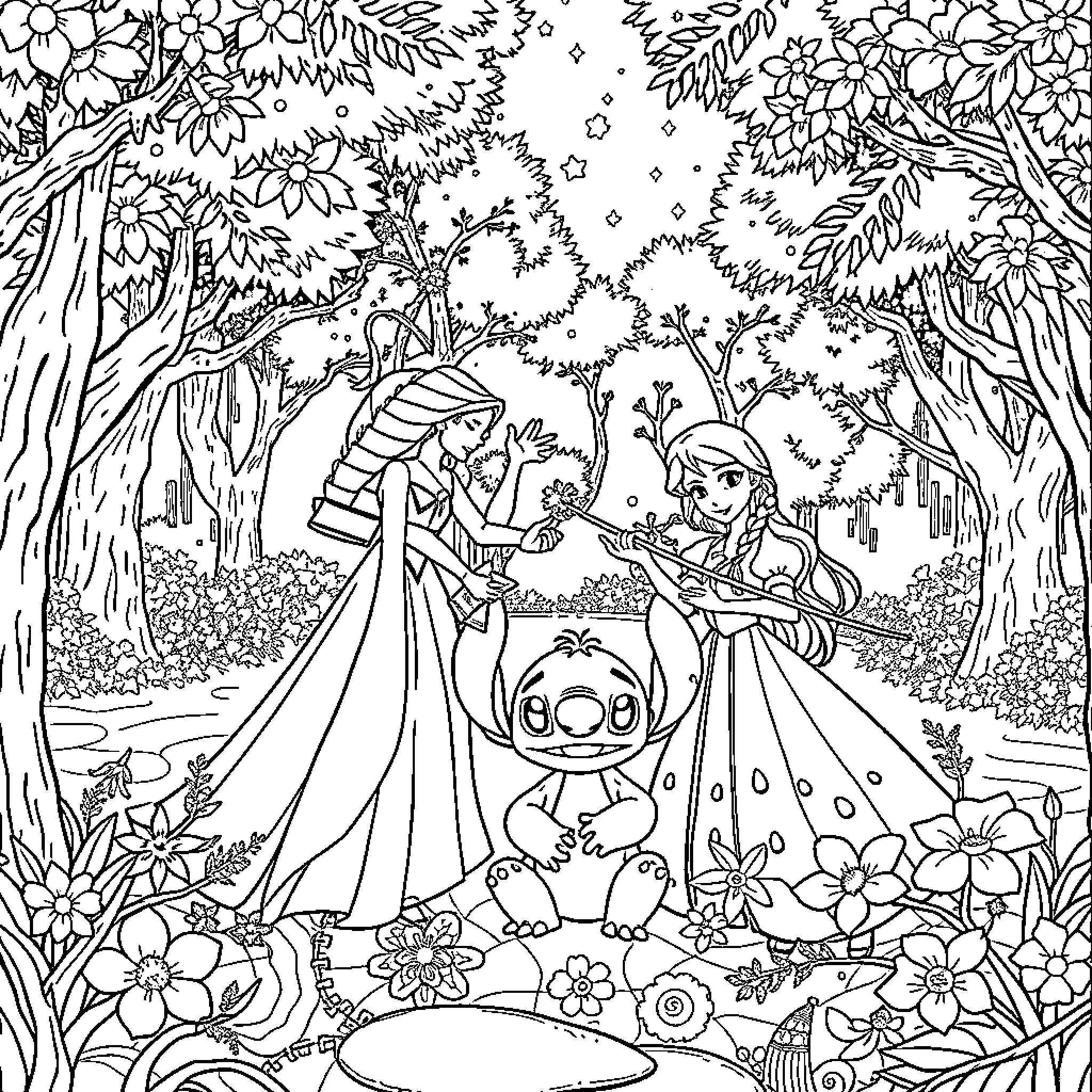 Frozen characters exploring a magical forest Coloring Page (free black-and-white line drawing printable PDF for all, from beginners to advanced learners, including children, teens, adults, and seniors)