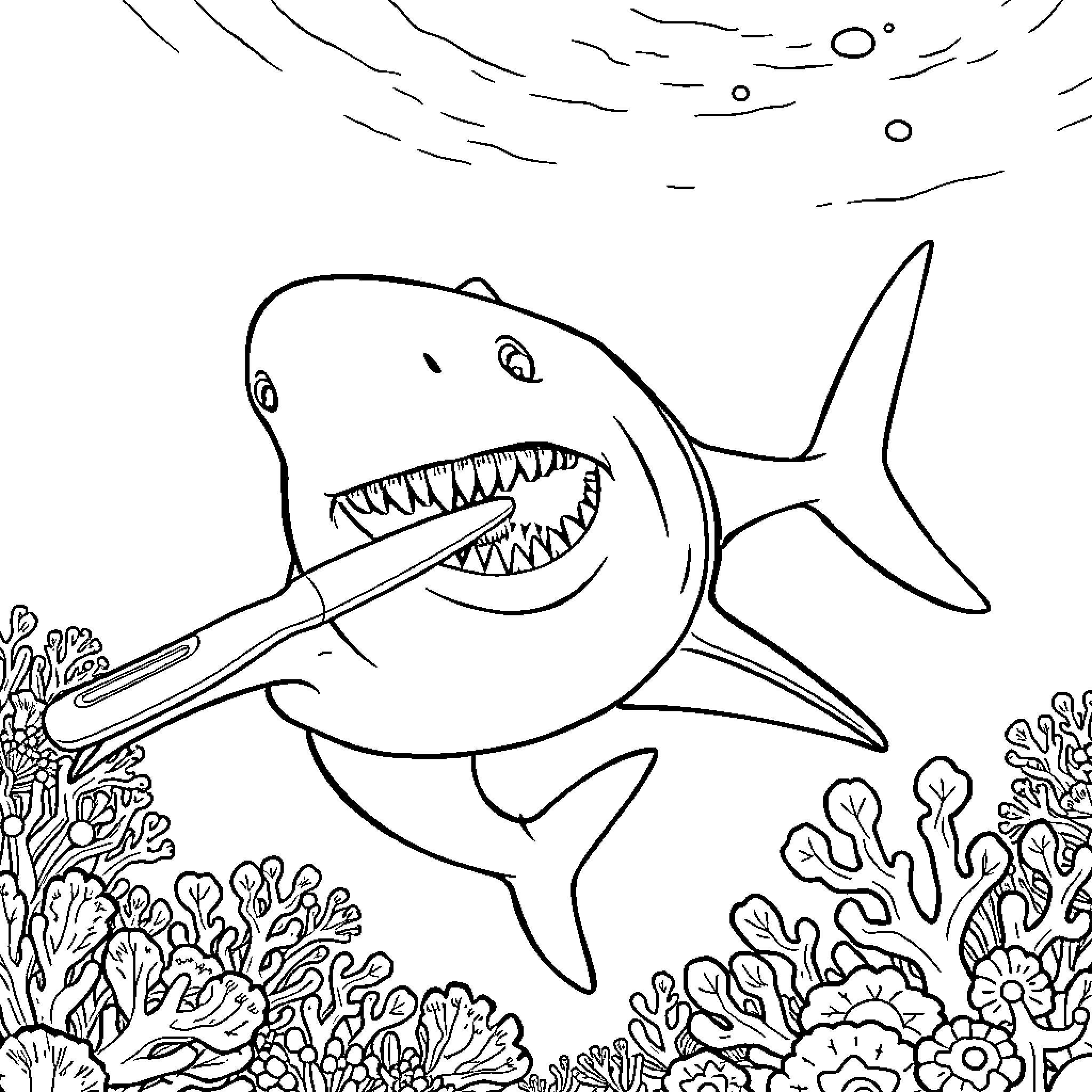 Shark swimming aggressively through coral reef Coloring Page (free black-and-white line drawing printable PDF for all, from beginners to advanced learners, including children, teens, adults, and seniors)