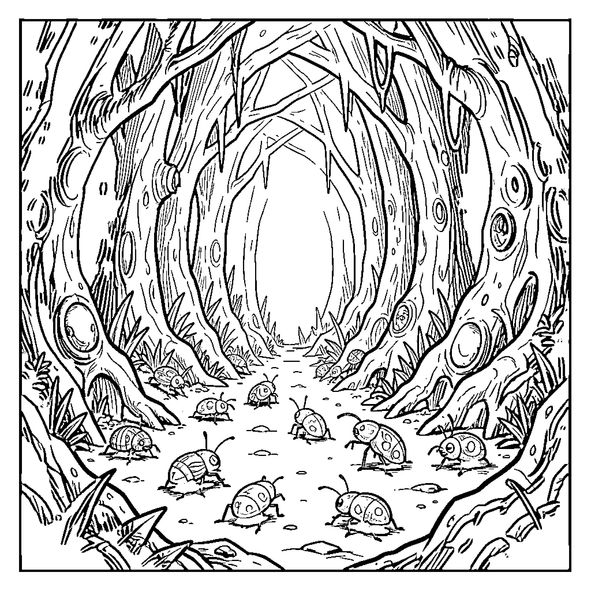 Bug colony exploring the whimsical forest path Coloring Page (free black-and-white line drawing printable PDF for all, from beginners to advanced learners, including children, teens, adults, and seniors)