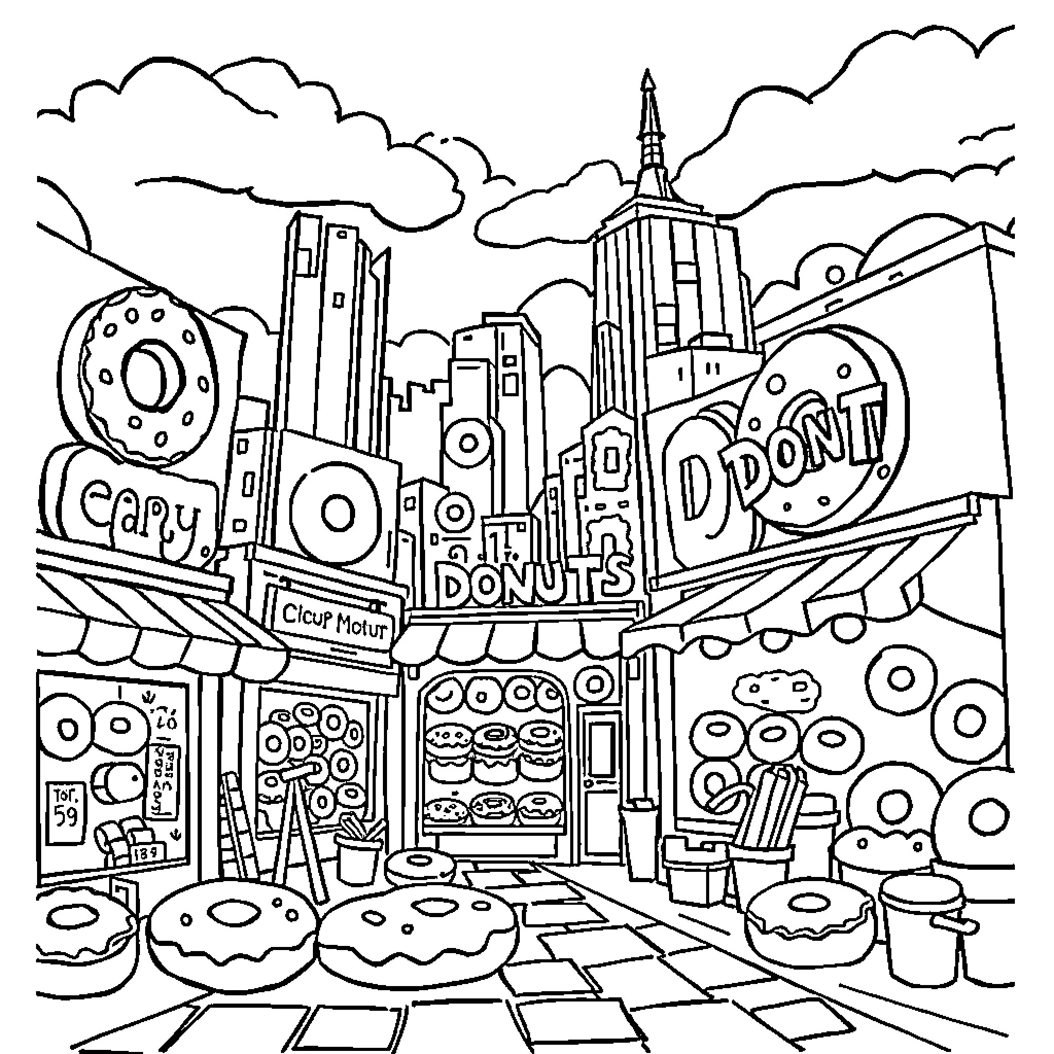 Donut shop in a bustling city Coloring Page (free black-and-white line drawing printable PDF for all, from beginners to advanced learners, including children, teens, adults, and seniors)