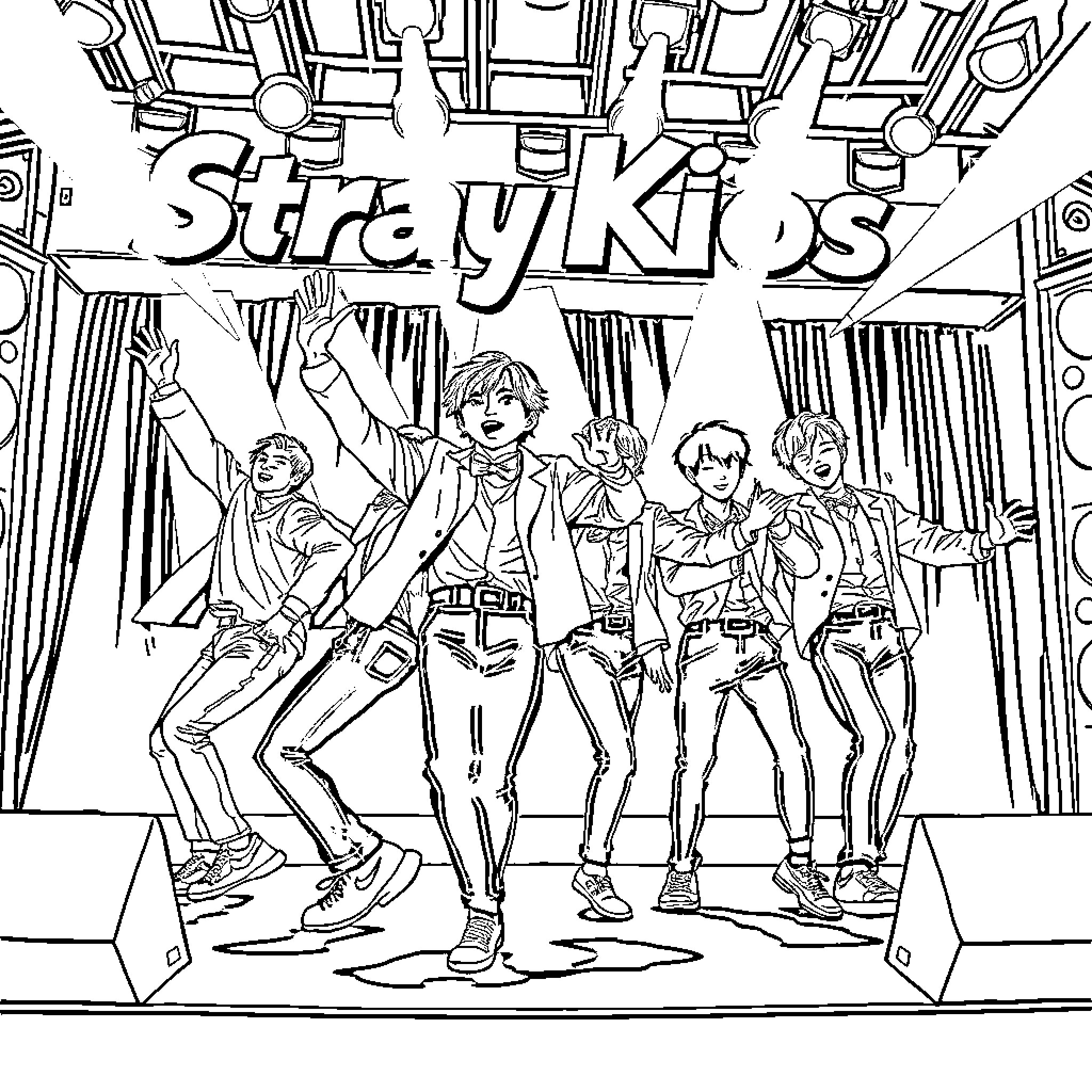 Stray Kids' energetic performance on stage Coloring Page (free black-and-white line drawing printable PDF for all, from beginners to advanced learners, including children, teens, adults, and seniors)