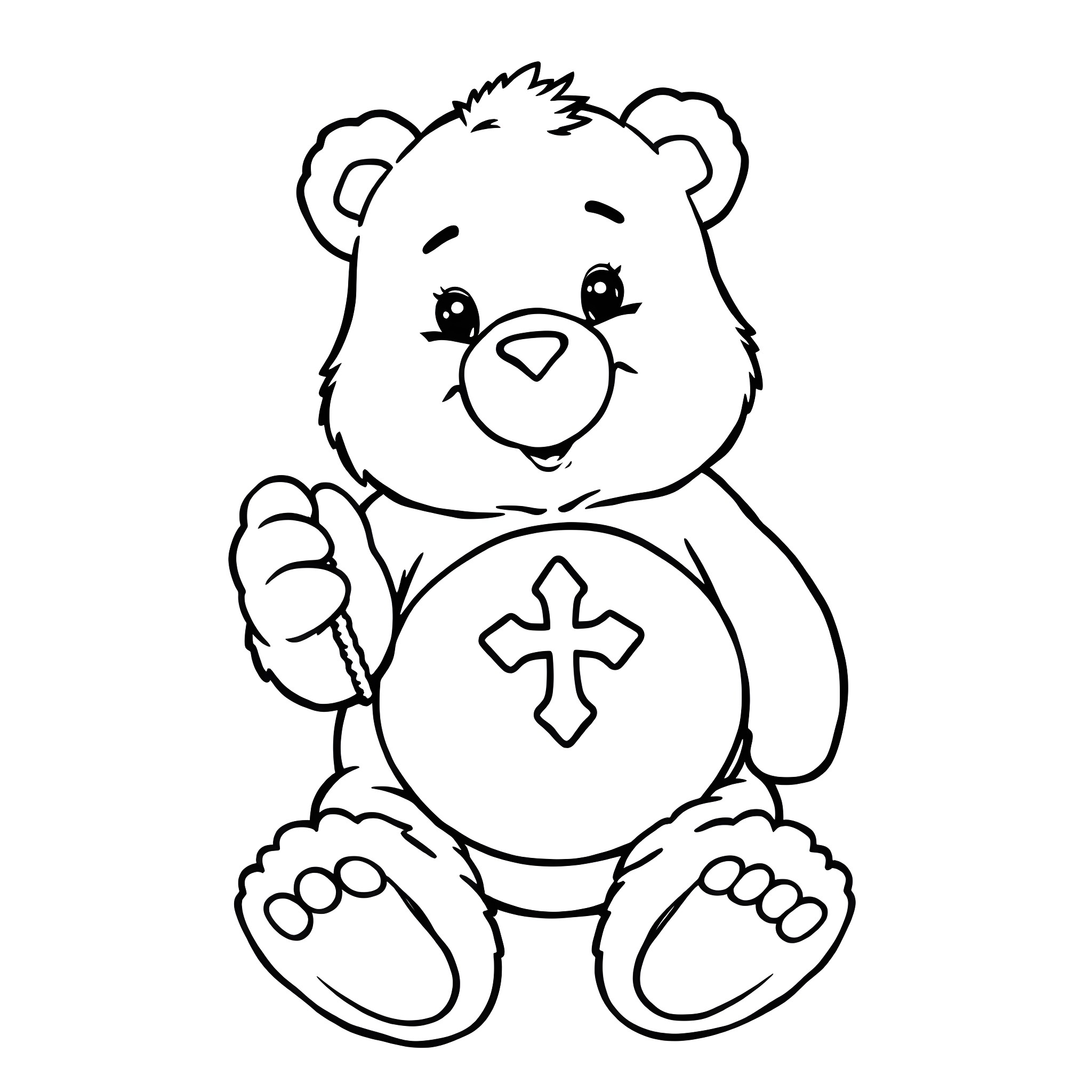 Care Bear holding a Christian cross Coloring Page (free black-and-white line drawing printable PDF for all, from beginners to advanced learners, including children, teens, adults, and seniors)
