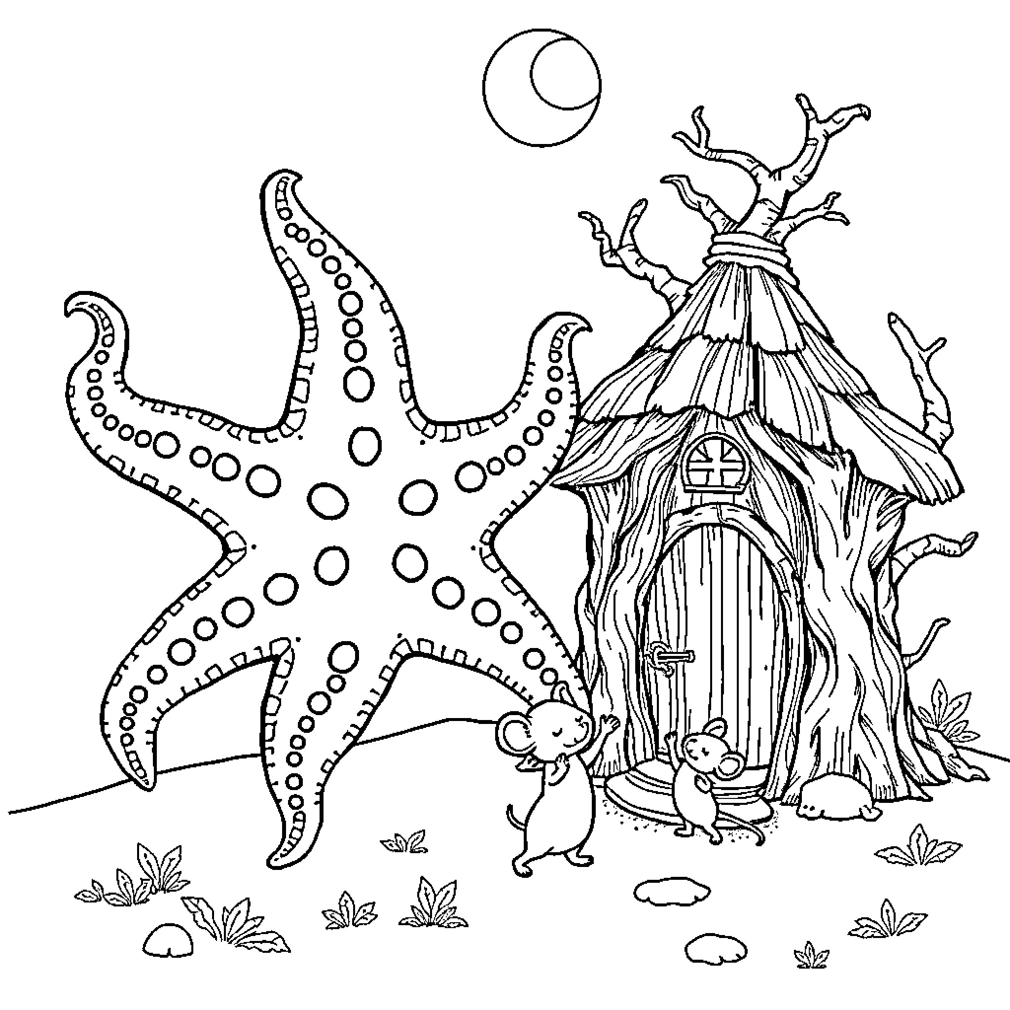 Seestar creatures explore enchanted mushroom dwelling Coloring Page (free black-and-white line drawing printable PDF for all, from beginners to advanced learners, including children, teens, adults, and seniors)