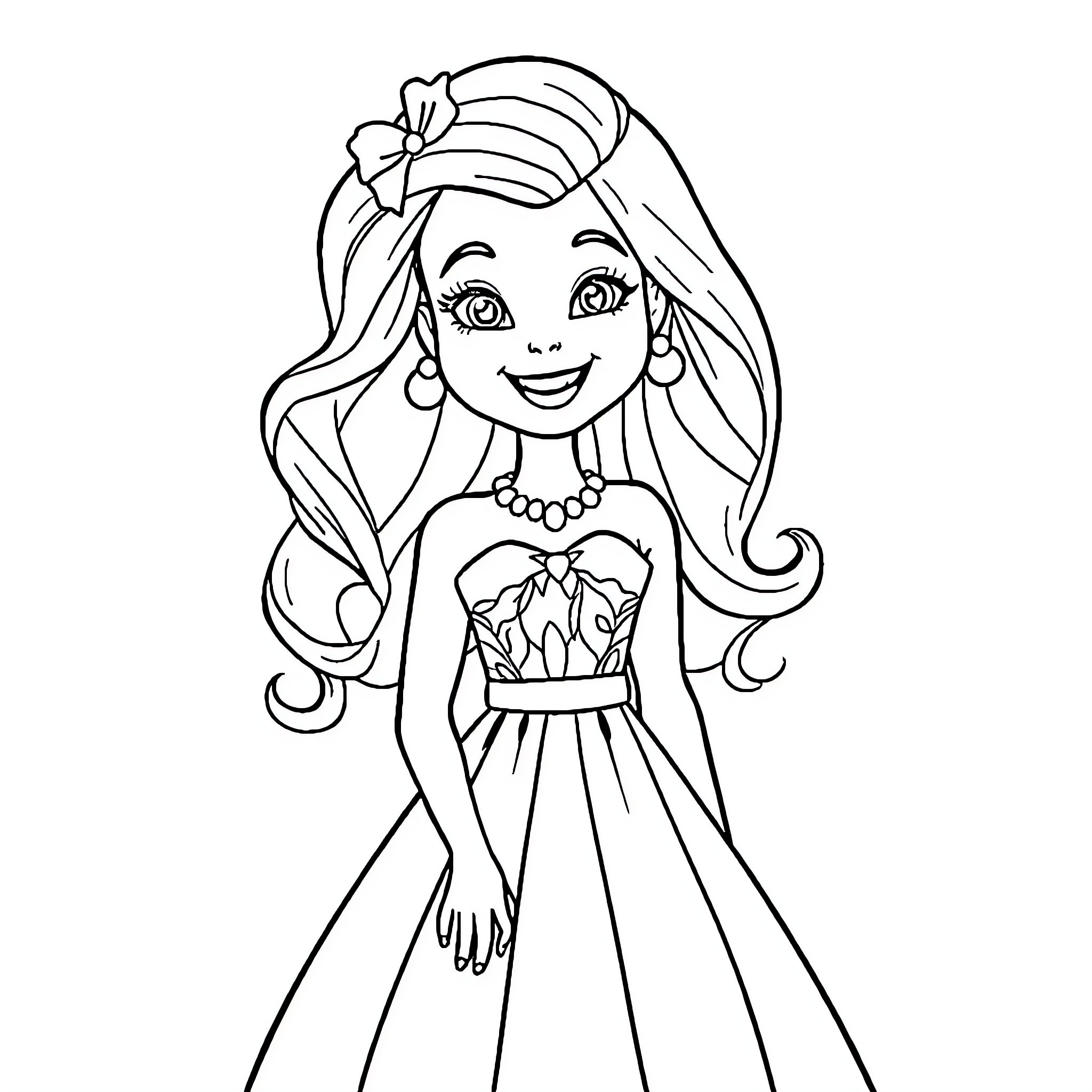 Barbi posing in elegant dress Coloring Page (free black-and-white line drawing printable PDF for all, from beginners to advanced learners, including children, teens, adults, and seniors)