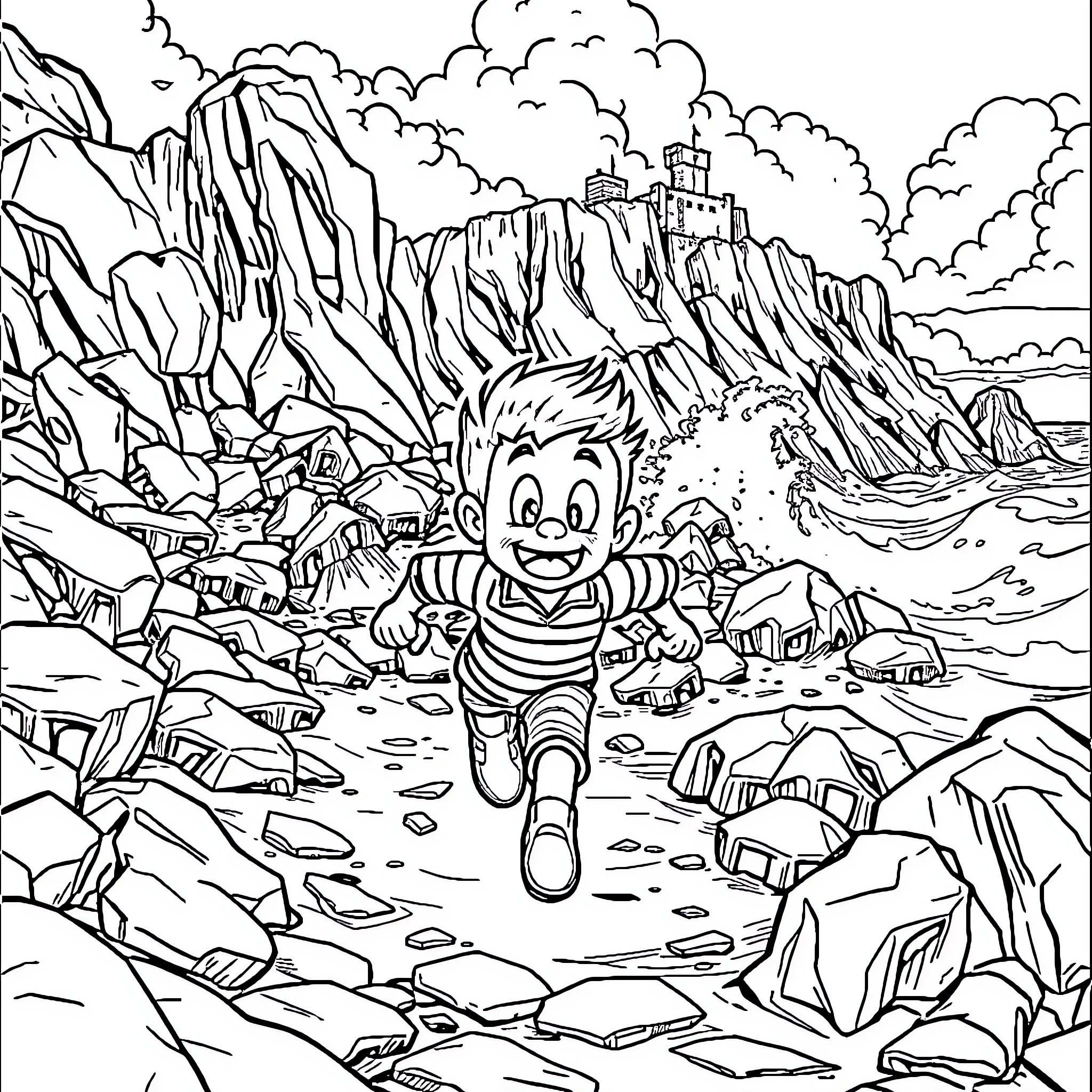 Timmy Turner exploring the rocky landscape Coloring Page (free black-and-white line drawing printable PDF for all, from beginners to advanced learners, including children, teens, adults, and seniors)