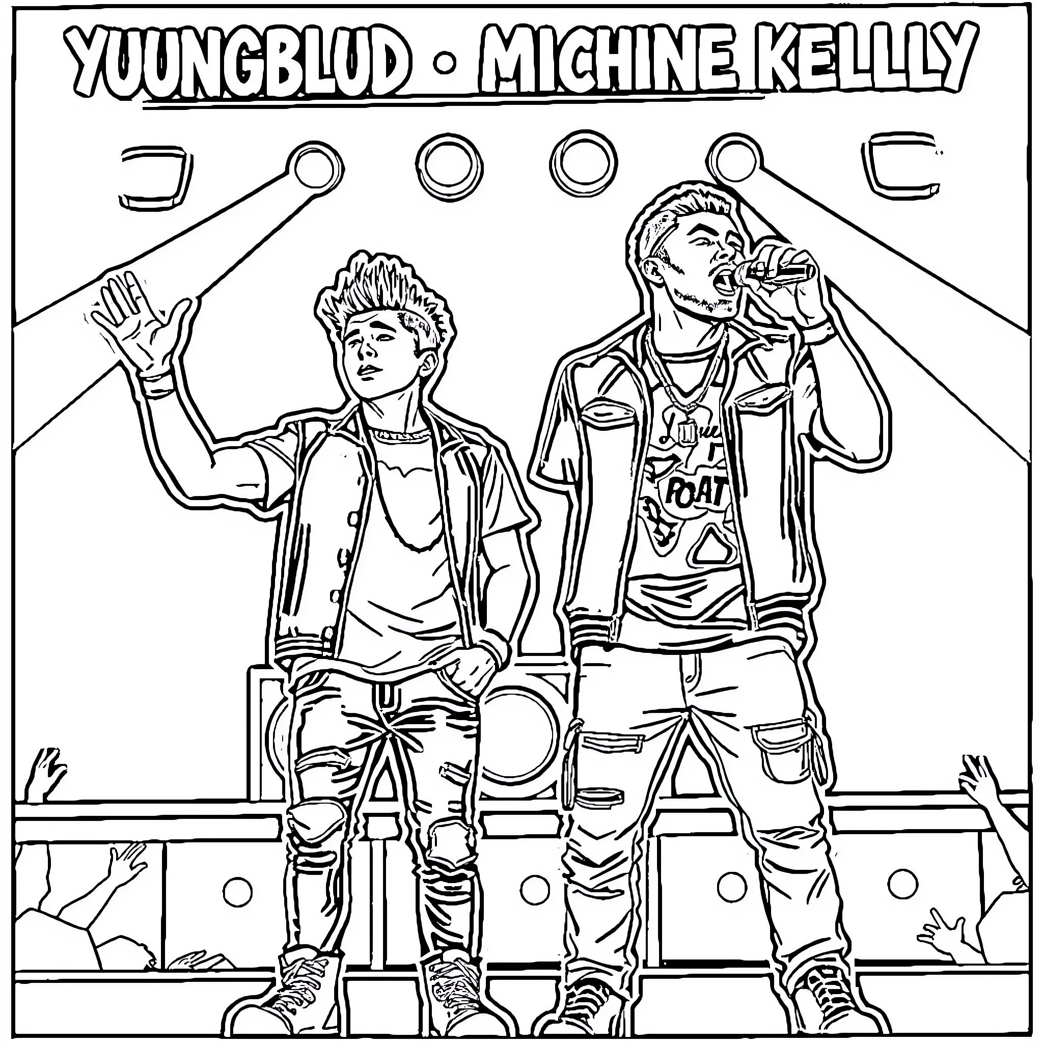 Yungblud and Machine Kelly Performing on Stage Coloring Page (free black-and-white line drawing printable PDF for all, from beginners to advanced learners, including children, teens, adults, and seniors)