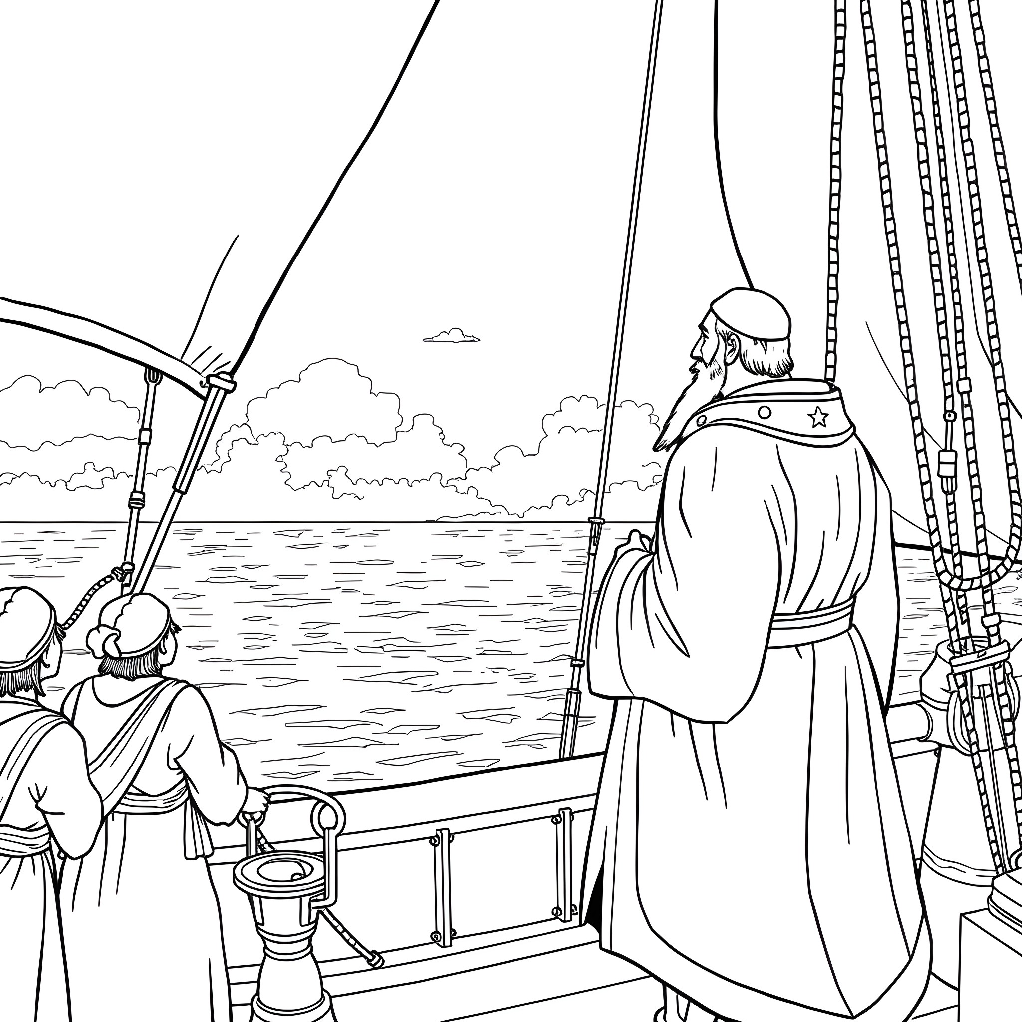 Vasco da Gama and his crew setting sail on their voyages Coloring Page (free black-and-white line drawing printable PDF for all, from beginners to advanced learners, including children, teens, adults, and seniors)