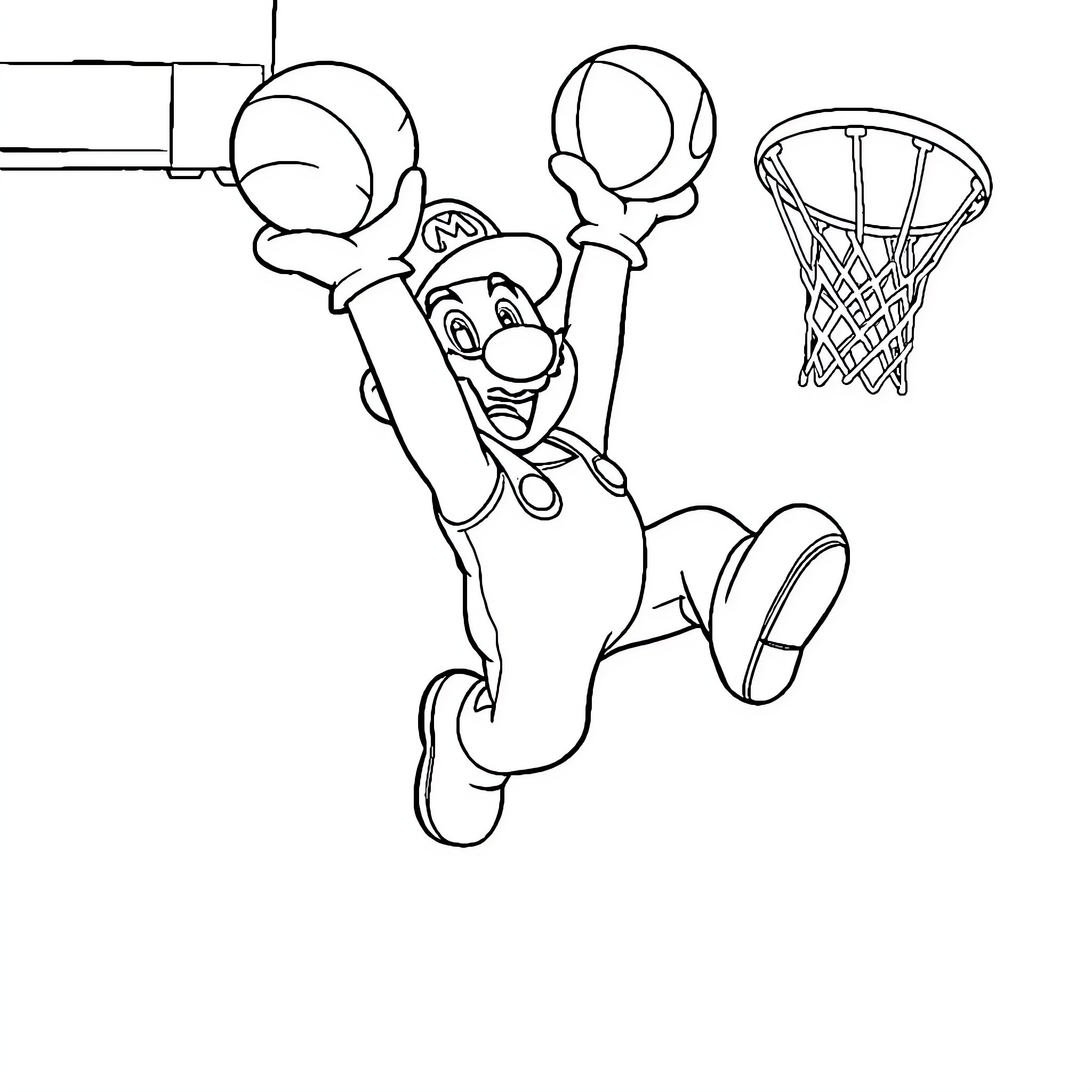 Mario Playing Basketball with Joy Coloring Page (free black-and-white line drawing printable PDF for all, from beginners to advanced learners, including children, teens, adults, and seniors)