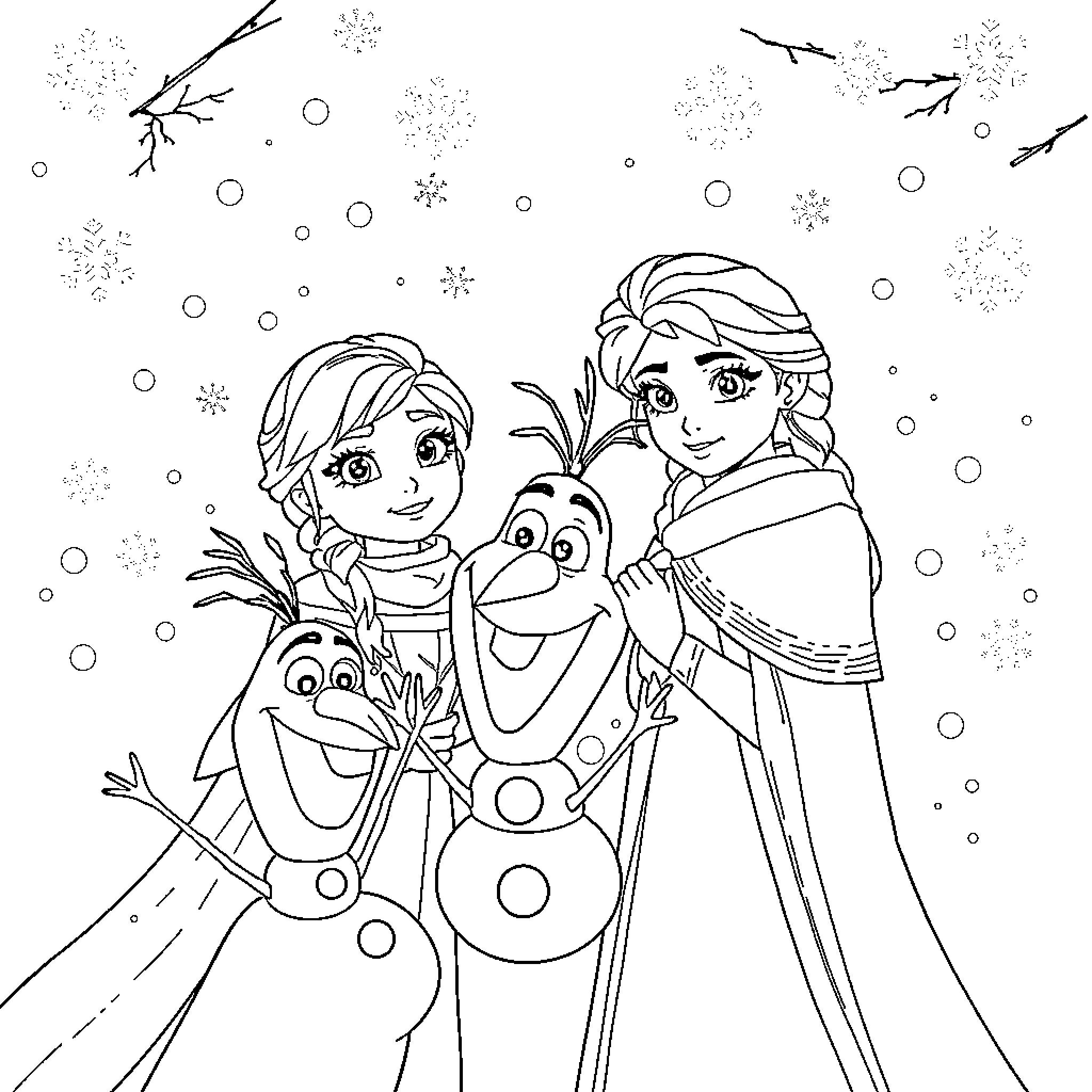 Elsa and Anna in a Winter Wonderland Coloring Page (free black-and-white line drawing printable PDF for all, from beginners to advanced learners, including children, teens, adults, and seniors)
