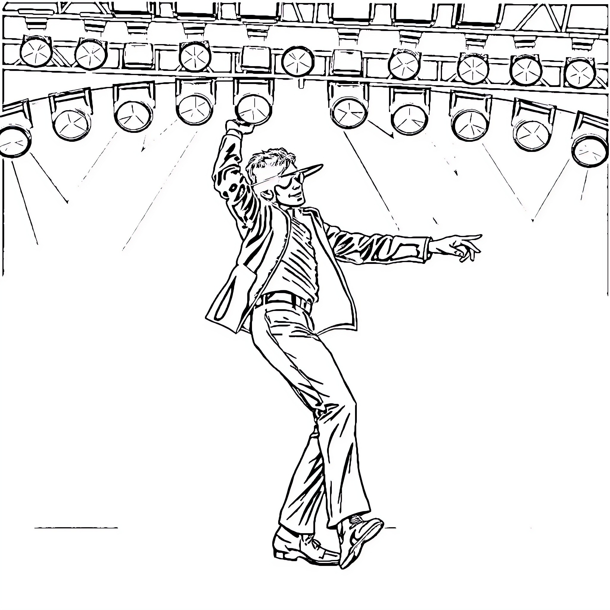 Michael Jackson performing on stage with spotlights Coloring Page (free black-and-white line drawing printable PDF for all, from beginners to advanced learners, including children, teens, adults, and seniors)