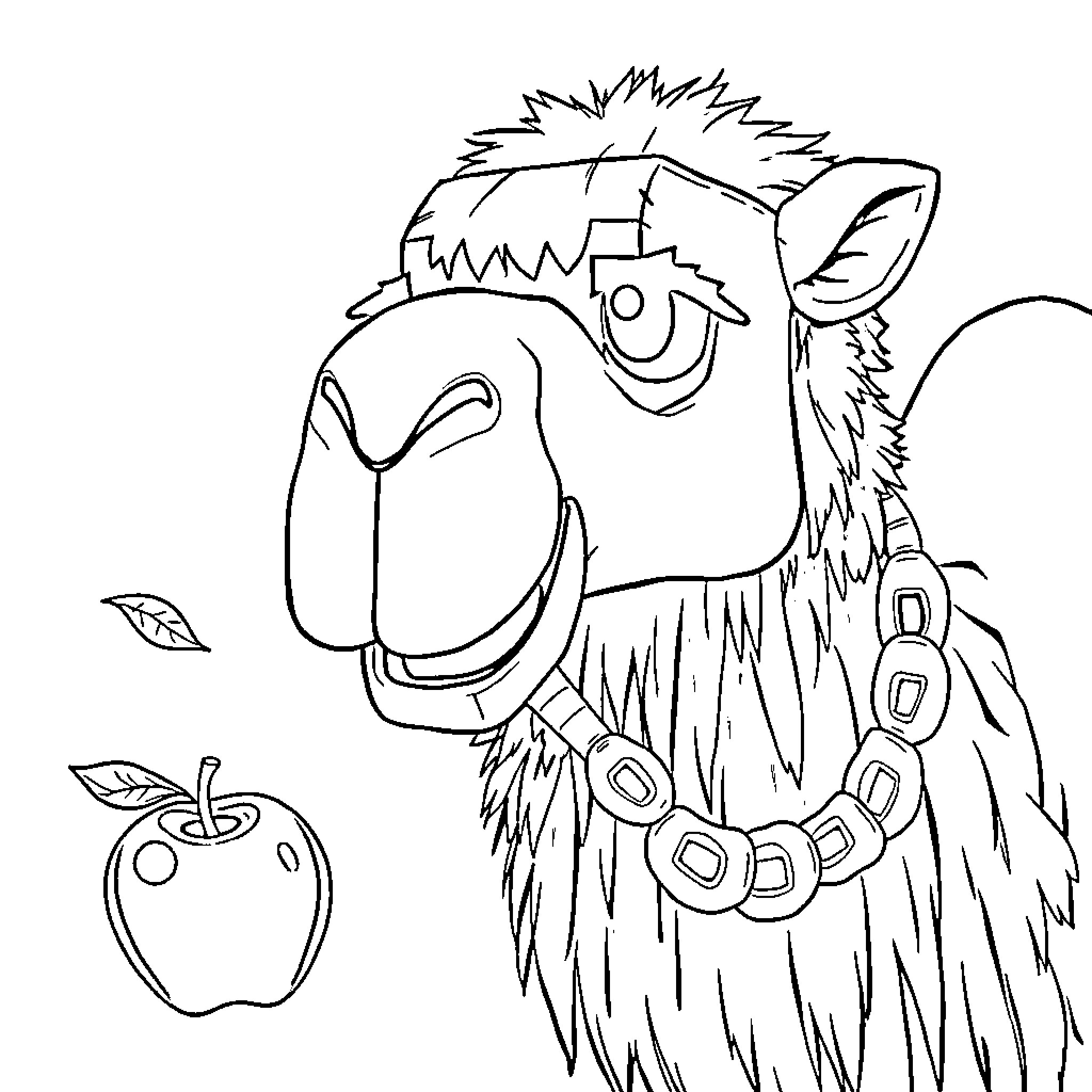 Camel carrying fruit with ornate necklace Coloring Page (free black-and-white line drawing printable PDF for all, from beginners to advanced learners, including children, teens, adults, and seniors)