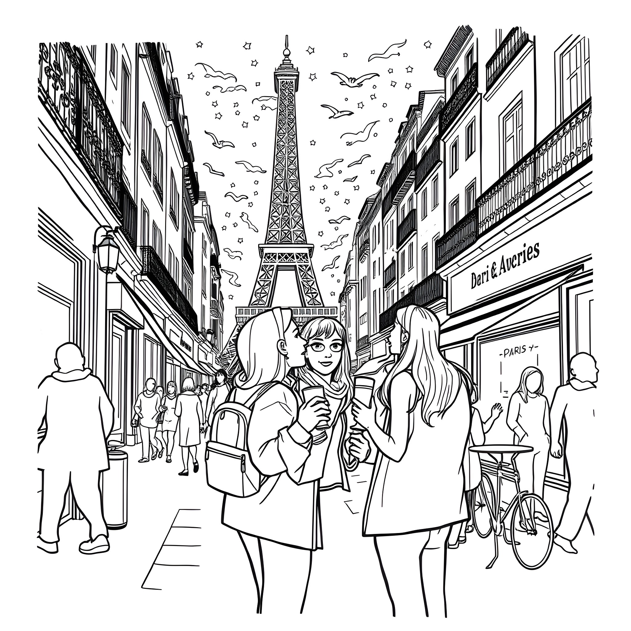 Paris street scene with Eiffel Tower and fashionable people Coloring Page (free black-and-white line drawing printable PDF for all, from beginners to advanced learners, including children, teens, adults, and seniors)