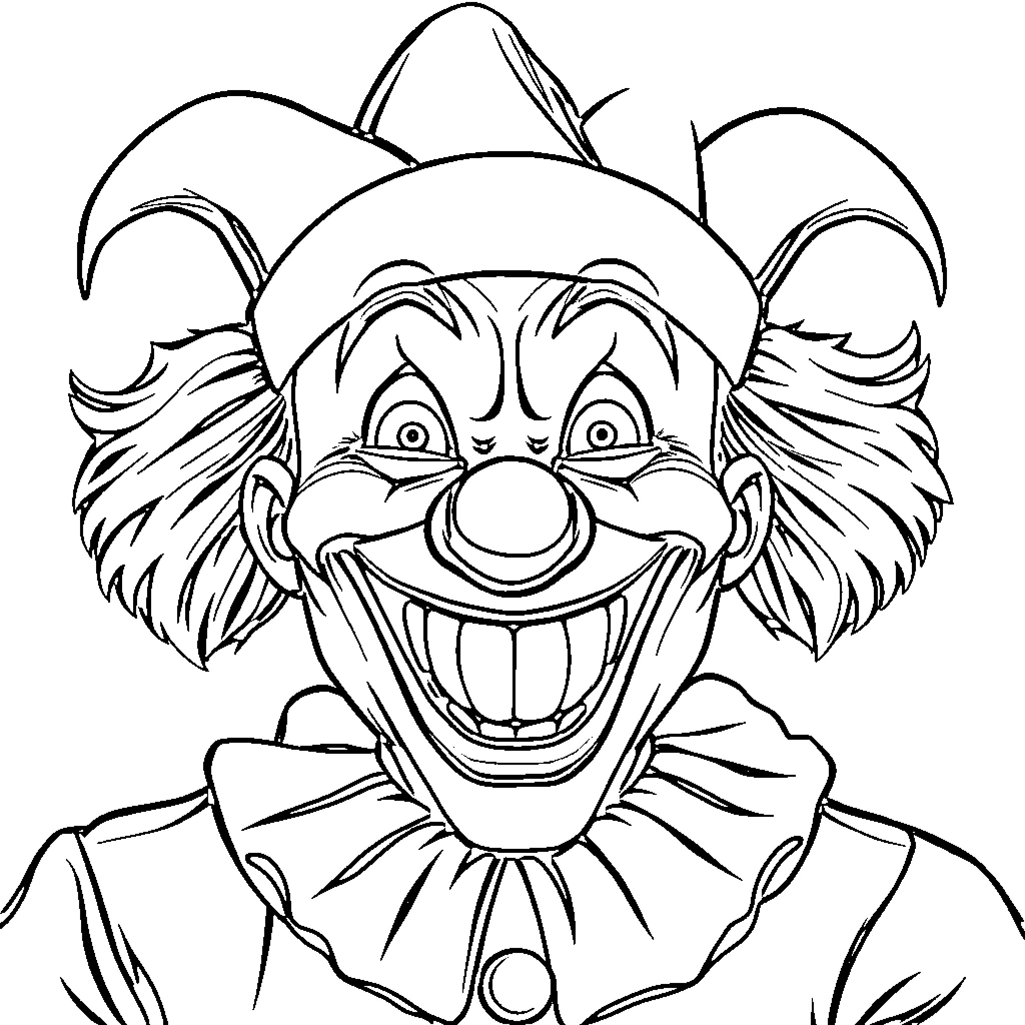 Clown with Exaggerated Facial Features and Whimsical Expression Coloring Page (free black-and-white line drawing printable PDF for all, from beginners to advanced learners, including children, teens, adults, and seniors)