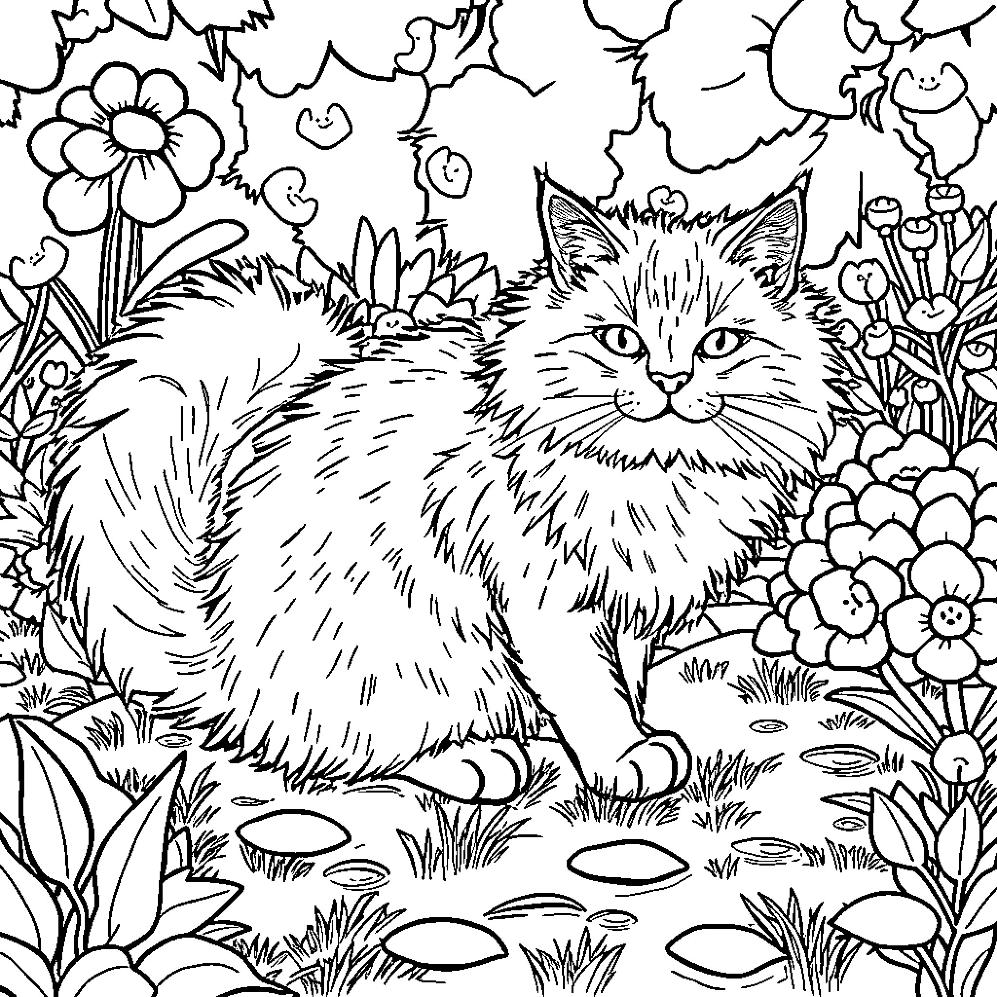Cat in the Floral Garden Coloring Page (free black-and-white line drawing printable PDF for all, from beginners to advanced learners, including children, teens, adults, and seniors)