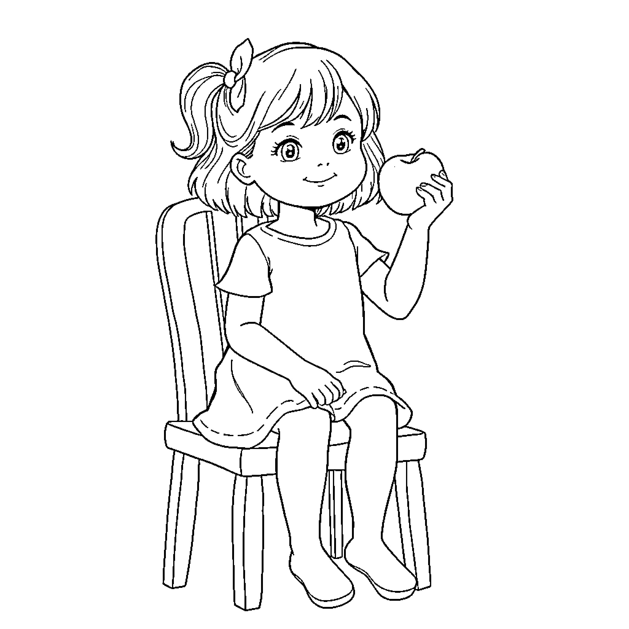 Girl Sitting Joyfully on a Chair Coloring Page (free black-and-white line drawing printable PDF for all, from beginners to advanced learners, including children, teens, adults, and seniors)