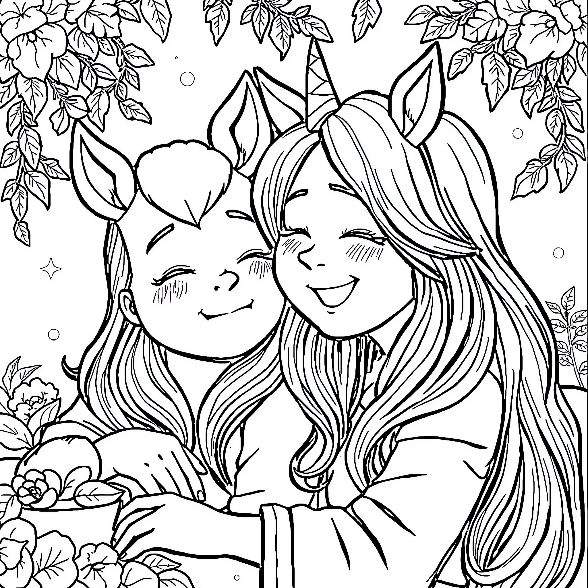 Muchacha enjoying a tender moment with her friend Coloring Page (free black-and-white line drawing printable PDF for all, from beginners to advanced learners, including children, teens, adults, and seniors)