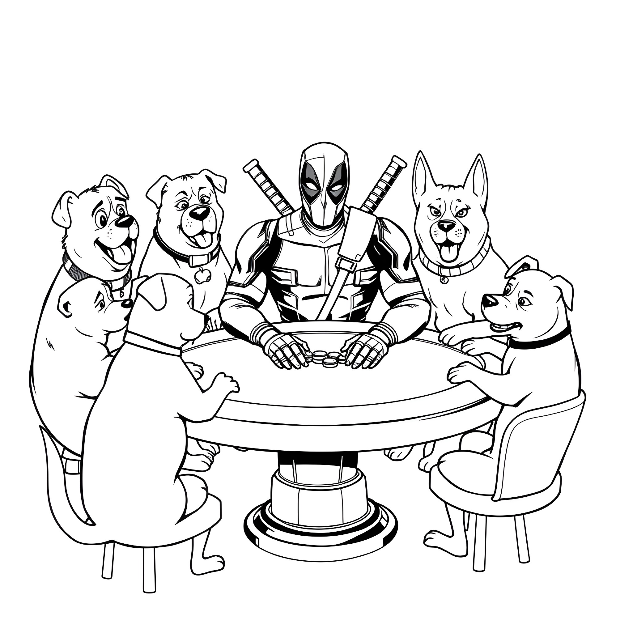 Deadpool playing board games with dogs Coloring Page (free black-and-white line drawing printable PDF for all, from beginners to advanced learners, including children, teens, adults, and seniors)