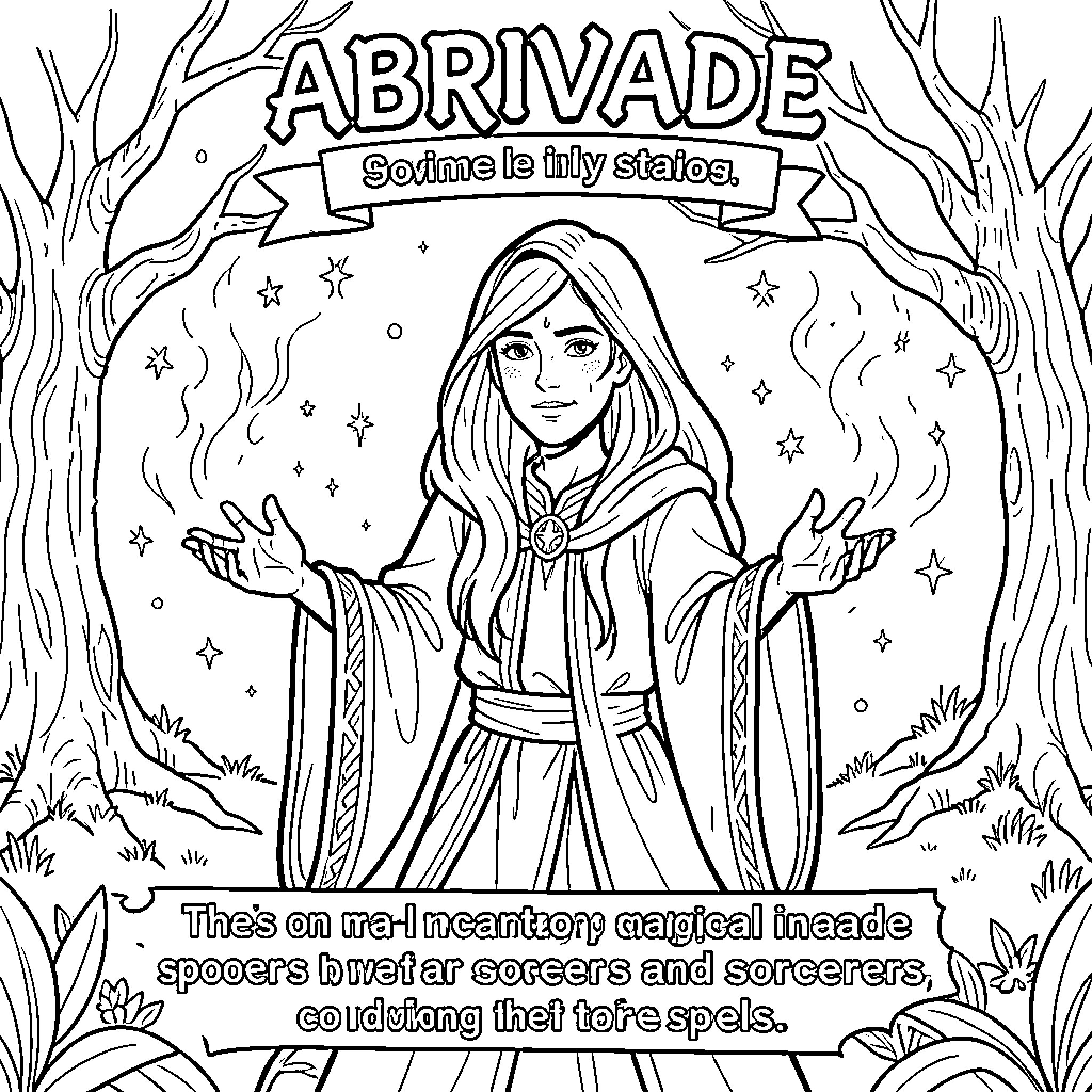 Abrivade sorceress casting magic with arms outstretched Coloring Page (free black-and-white line drawing printable PDF for all, from beginners to advanced learners, including children, teens, adults, and seniors)