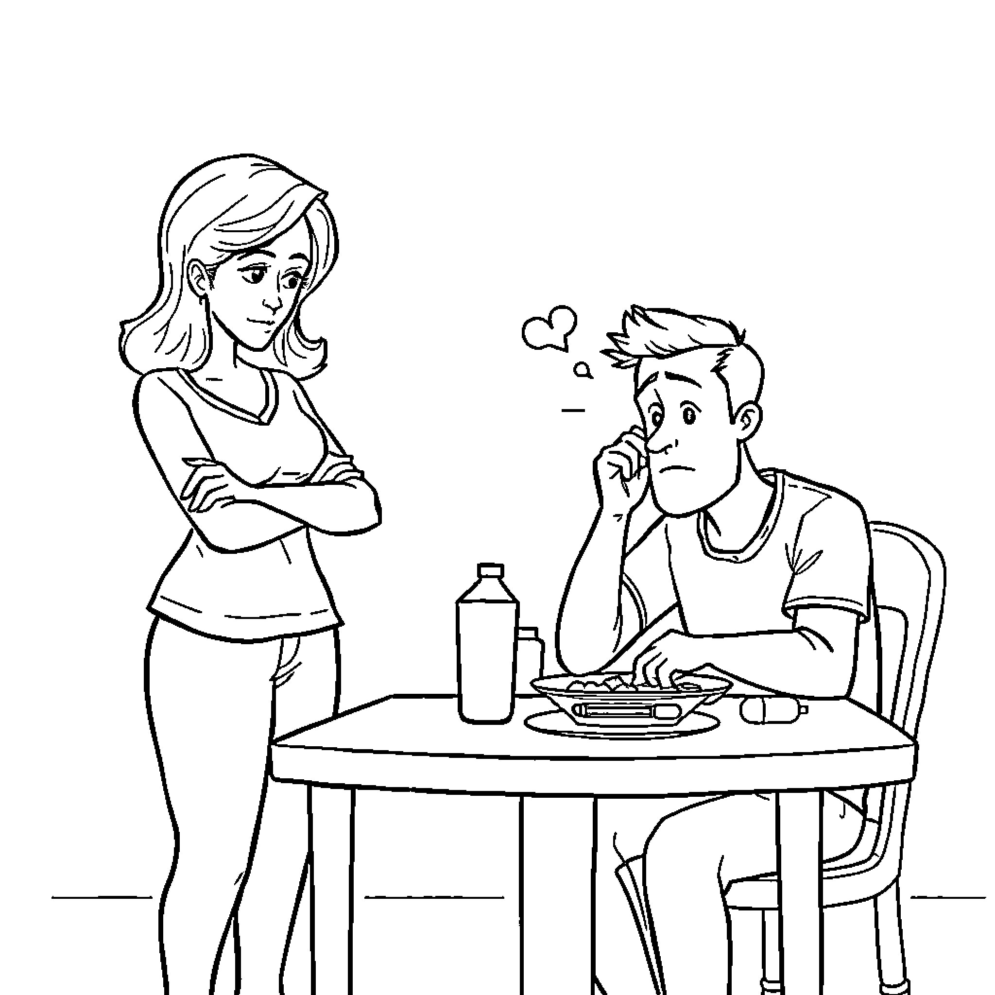 Wife annoyed while husband lost in thought Coloring Page (free black-and-white line drawing printable PDF for all, from beginners to advanced learners, including children, teens, adults, and seniors)
