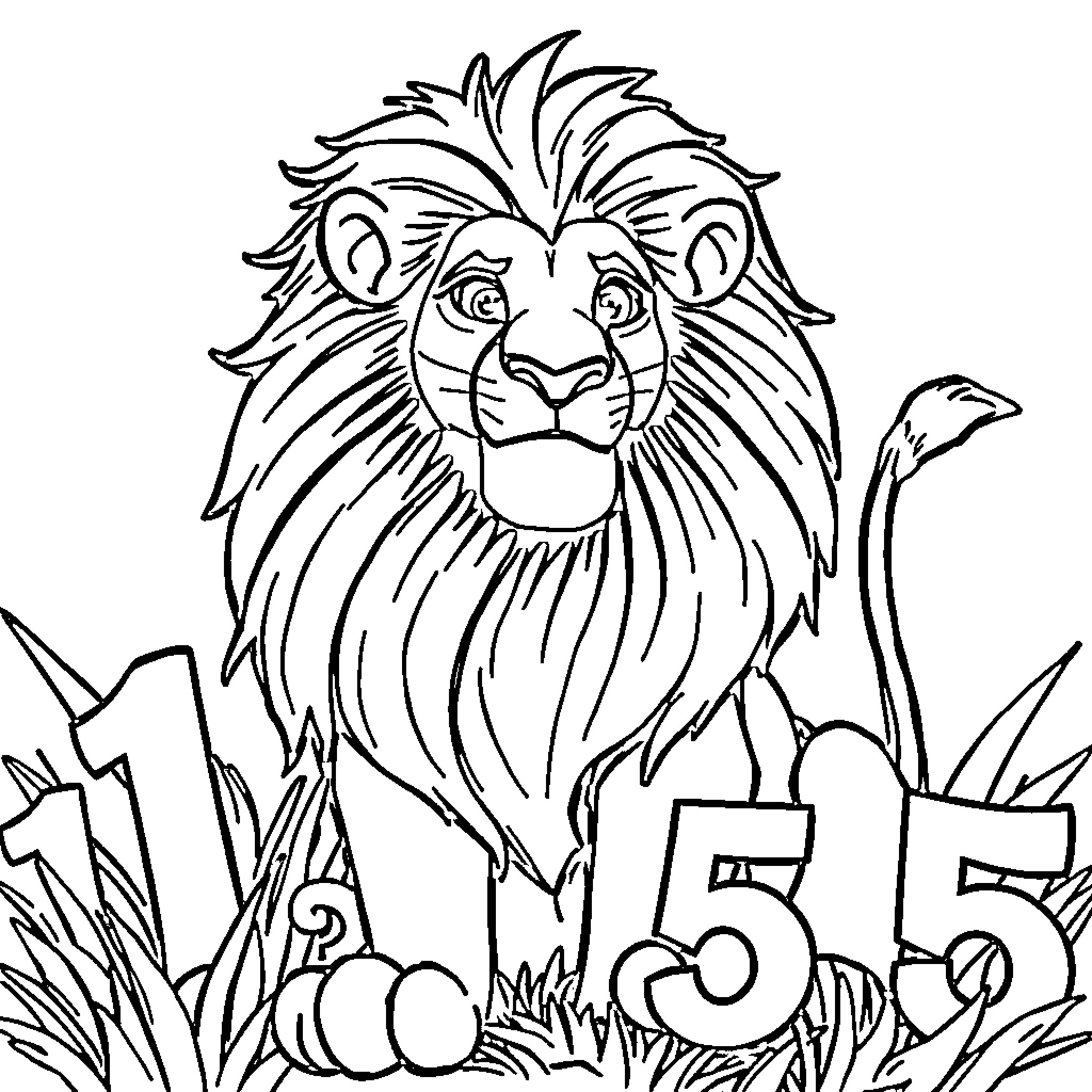 Simba the lion cub playing in the grass Coloring Page (free black-and-white line drawing printable PDF for all, from beginners to advanced learners, including children, teens, adults, and seniors)