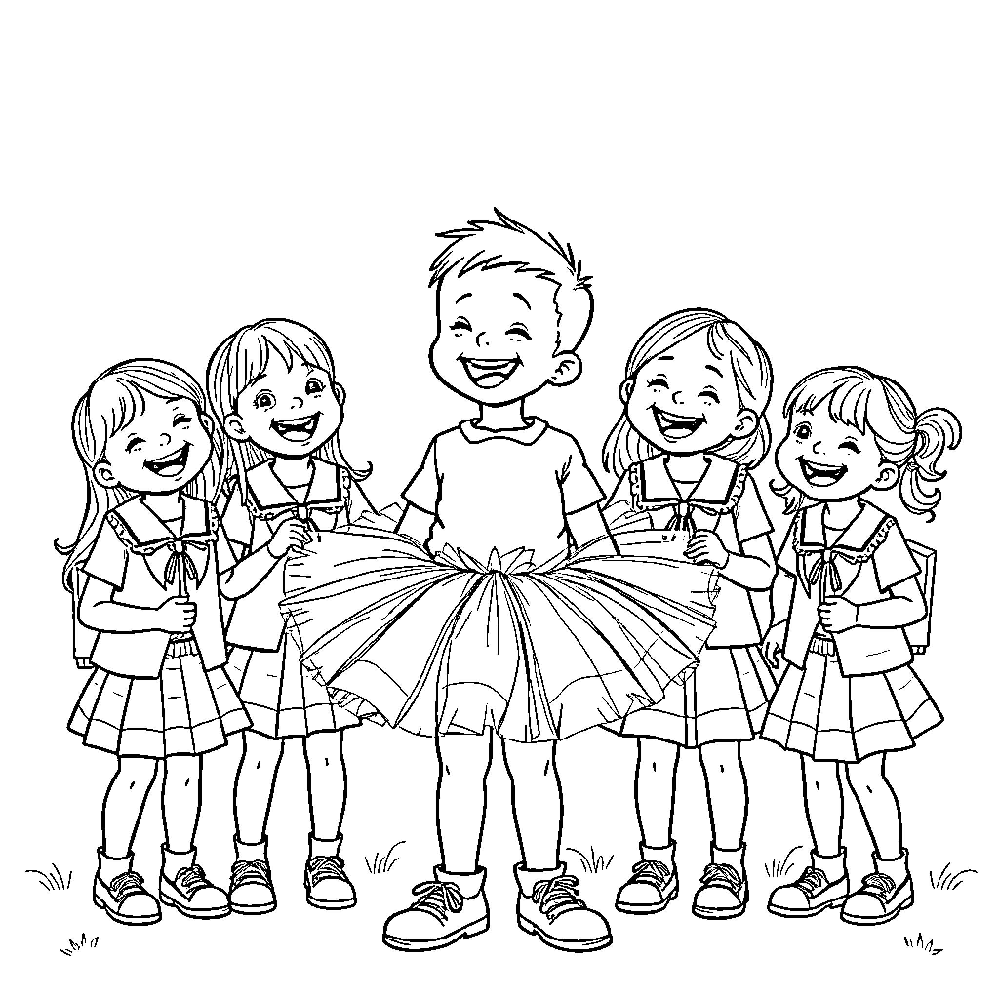 Boy having fun with friends in school uniforms Coloring Page (free black-and-white line drawing printable PDF for all, from beginners to advanced learners, including children, teens, adults, and seniors)