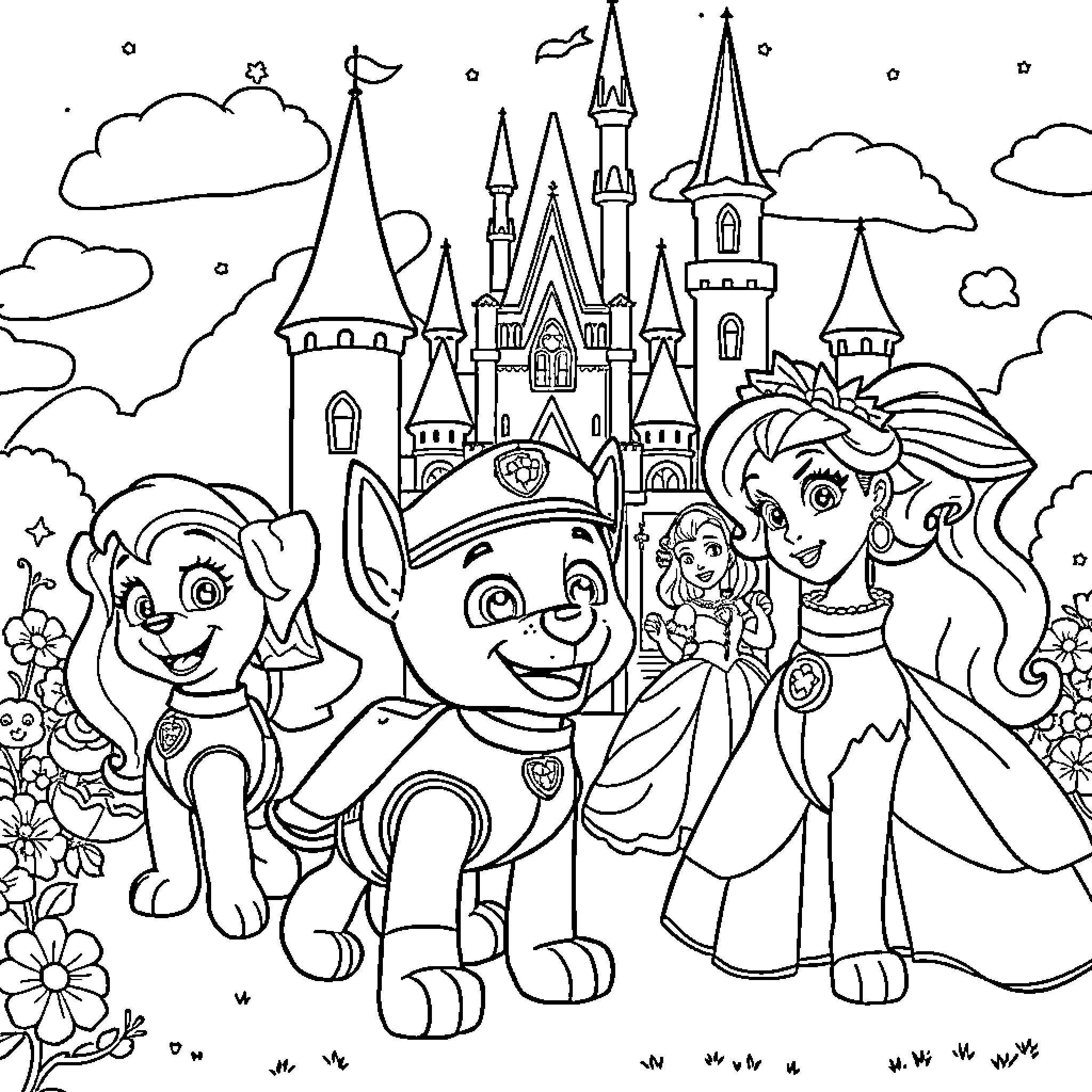 Paw Patrol Characters Exploring Magical Castle Coloring Page (free black-and-white line drawing printable PDF for all, from beginners to advanced learners, including children, teens, adults, and seniors)
