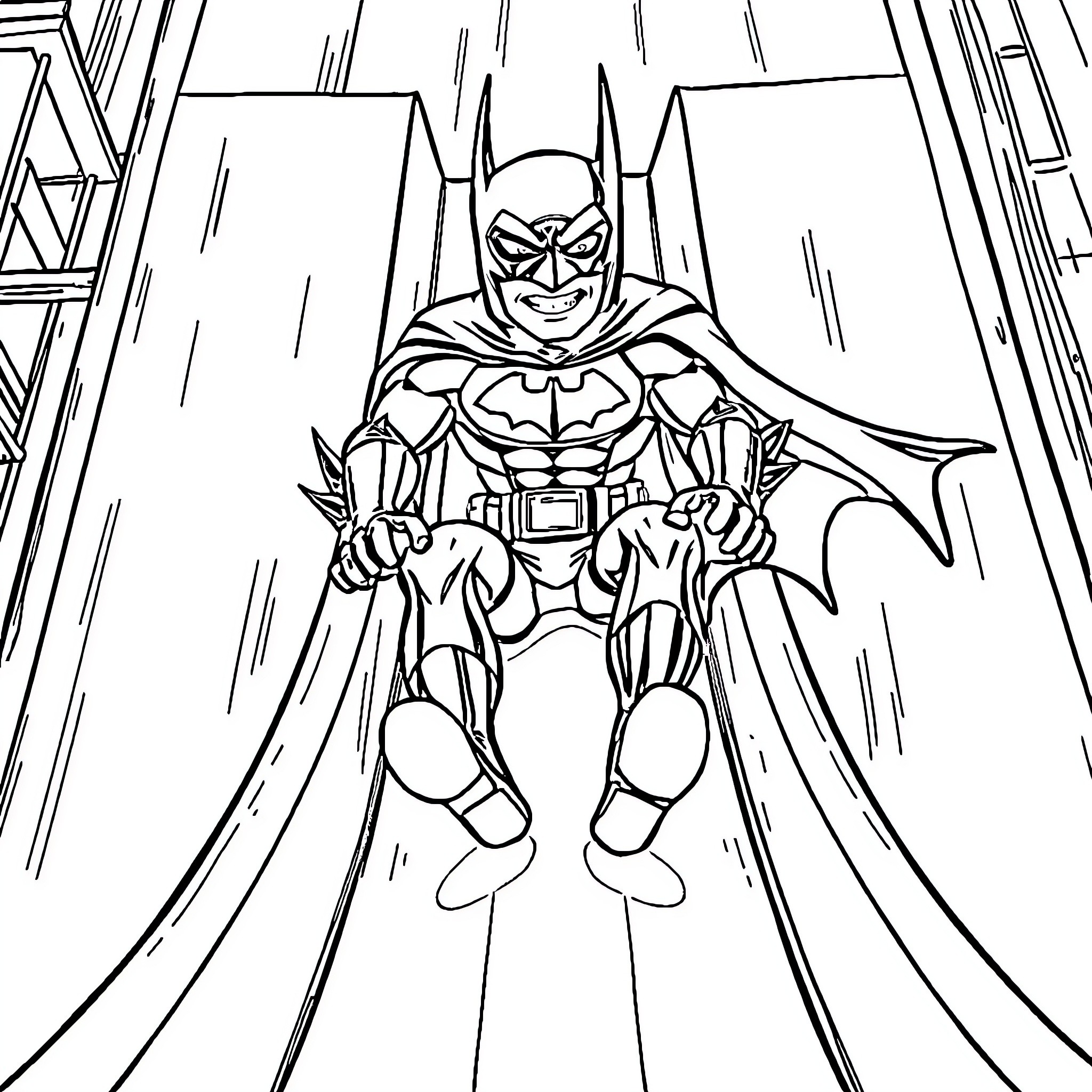 Batman Leaping into Action in Dark City Coloring Page (free black-and-white line drawing printable PDF for all, from beginners to advanced learners, including children, teens, adults, and seniors)