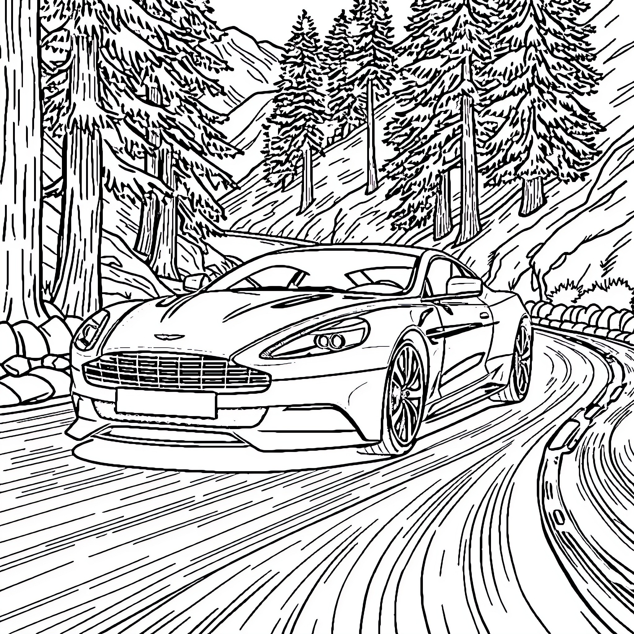 Aston Martin speeding through the snowy forest Coloring Page (free black-and-white line drawing printable PDF for all, from beginners to advanced learners, including children, teens, adults, and seniors)